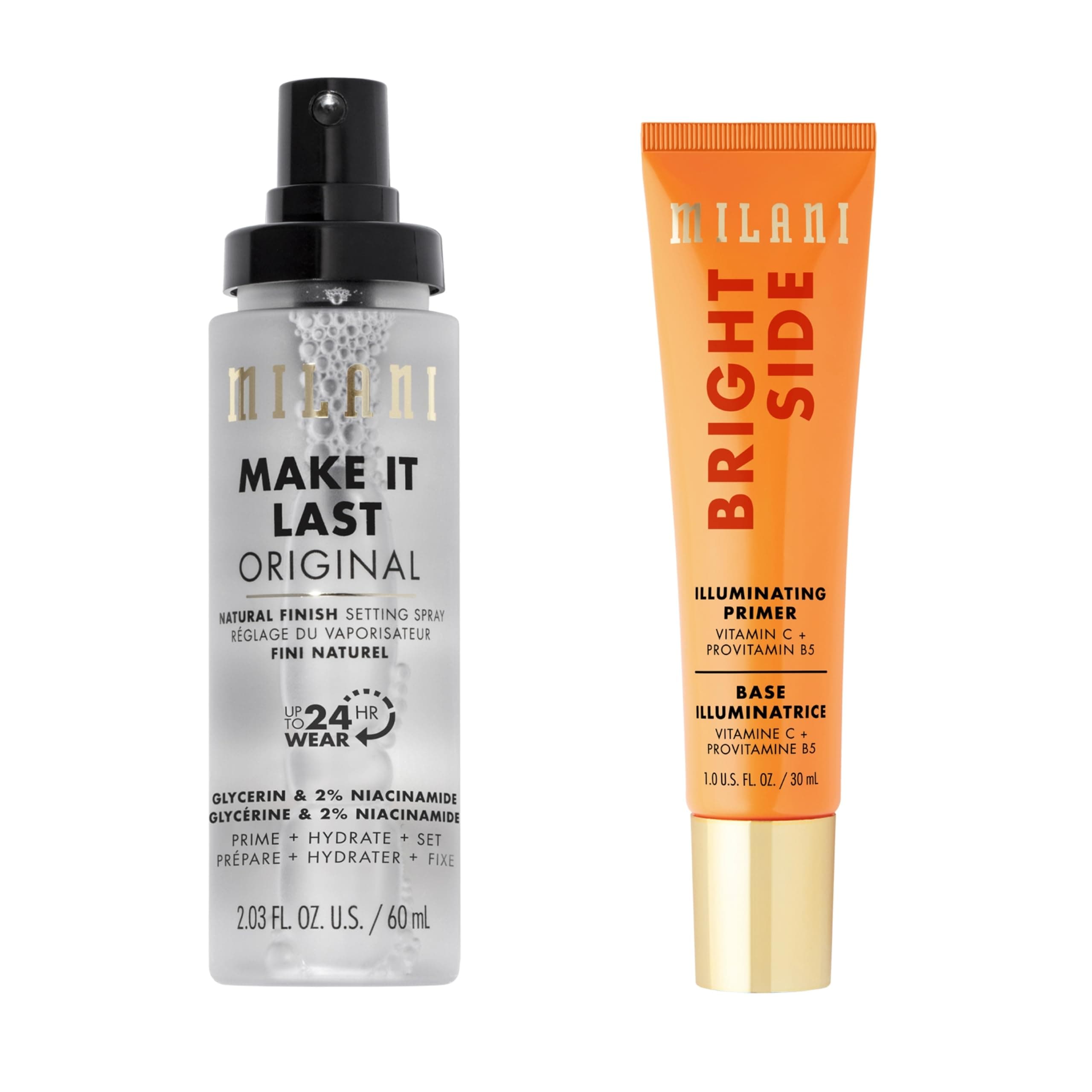 Milani Make It Last Original - Natural Finish Setting Spray 3-in-1 Setting Spray and Primer- Prime + Correct + Set & Milani Bright Side Primer for Makeup
