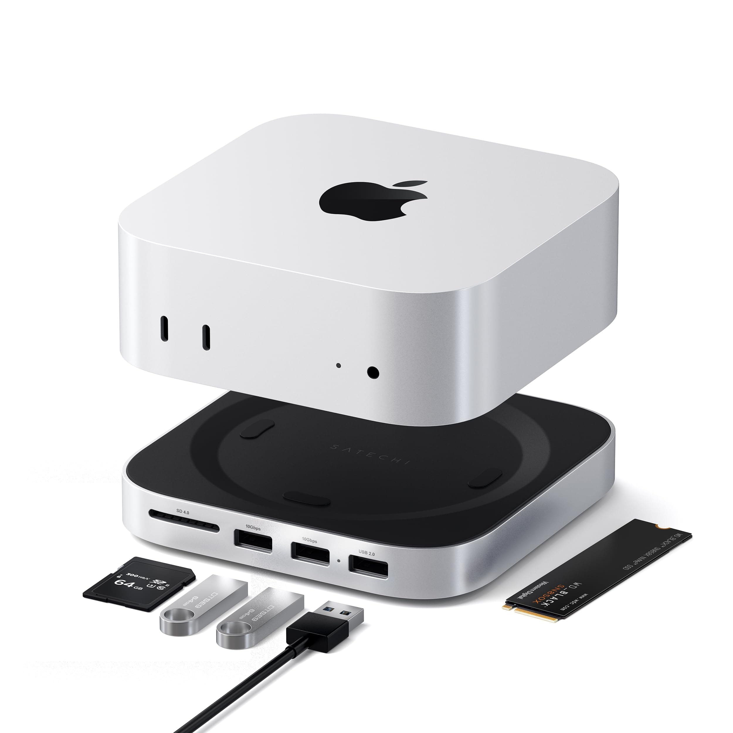 Mac mini M4 Hub & Stand with NVMe SSD Enclosure, Mac mini M4 Dock with 2xUSB A Up to 10Gbps, USB A Data Port, SD Card Reader, Optimized Self-Cooling - Silver