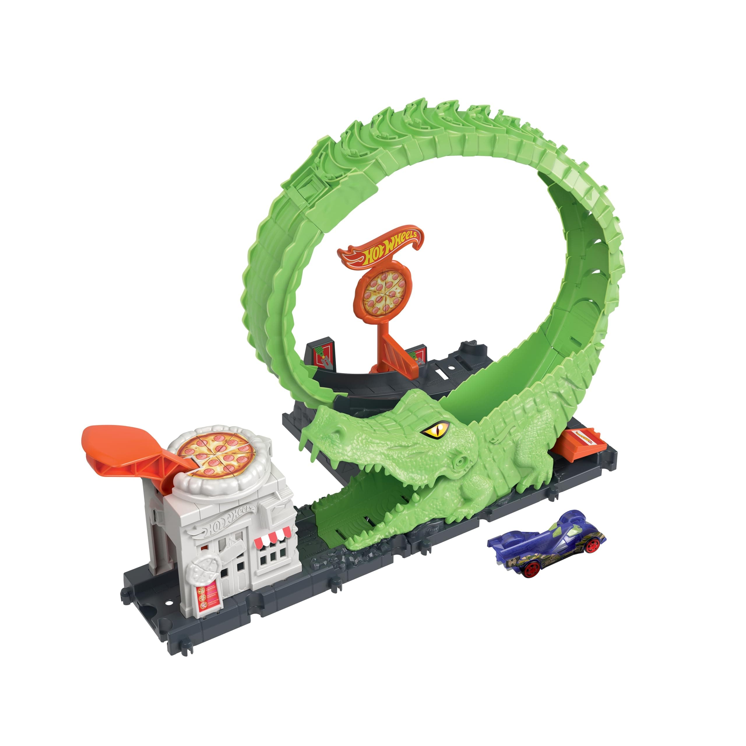 Hot Wheels Toy Car Track Set Gator Loop Attack Playset in Pizza Place with 1:64 Scale Car, Connects to Other Sets