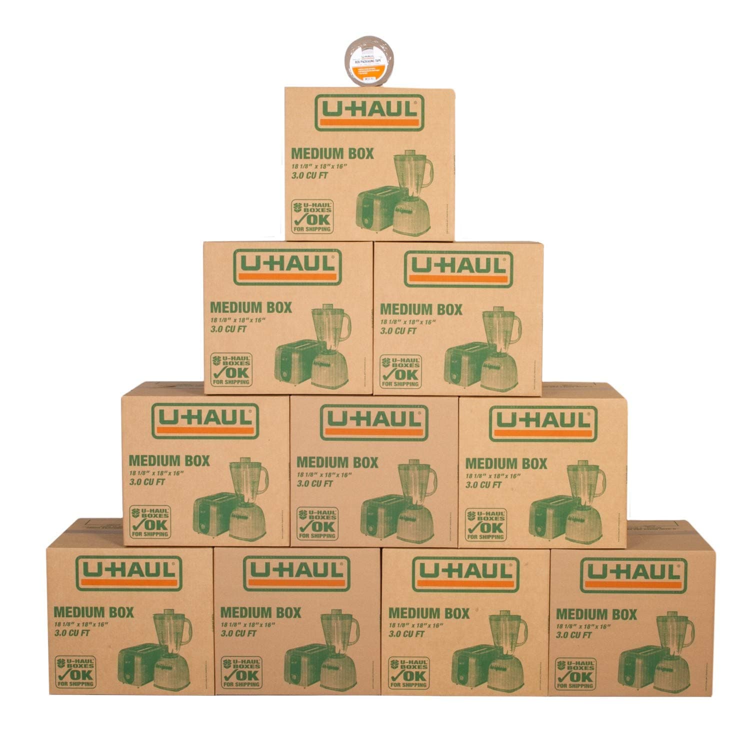 U-Haul Medium Moving Boxes - Pack of 10 Boxes with Handles - 18” x 18 1/8” x 16”- Bonus Roll of Tape Included