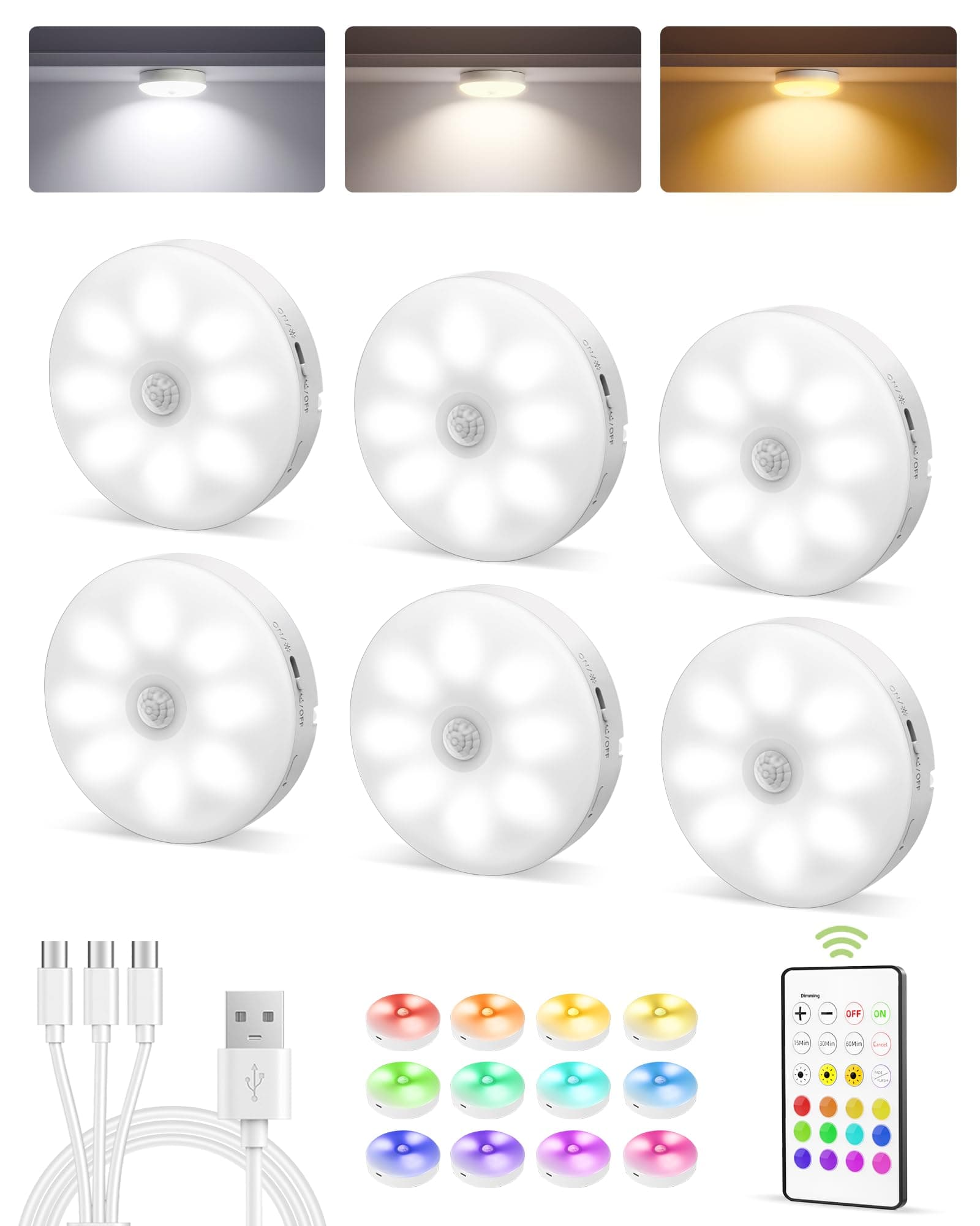 - EZVALO 6-Pack Under Cabinet Lighting, Rechargeable Motion Sensor Puck Light with Remote, 3 Color Temps &12 RGB Colors, Magnetic Stick on Light, Dimmable Under Counter Light for Kitchen, Home Decor