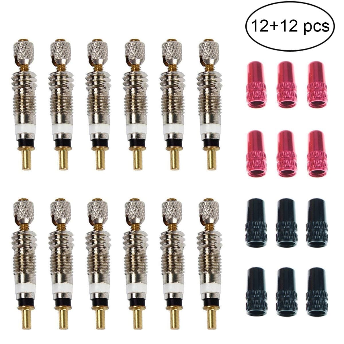 Presta Valve Core(12 Pack) and 12 Anodized Alloy Presta Valve Caps for Tubeless Road & MTB Bike Works w/Stan's, Vittoria, Continental, Kenda & More. No-Leak Replacement Presta and Schrader Valve Cor