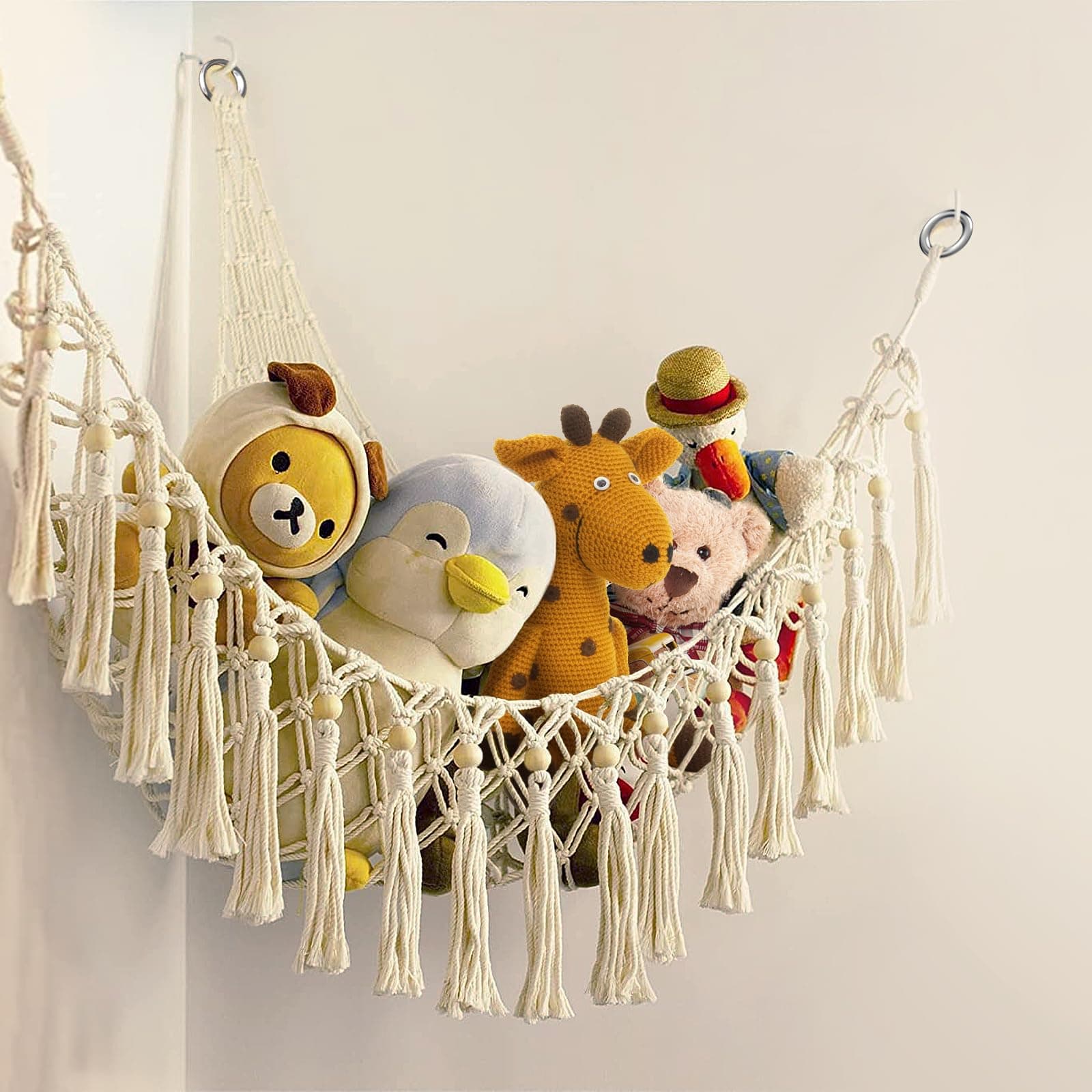 Stuffed Animal Hammock Large Boho Stuffed Animals Storage Holder Corner Hanging Toy Net Organizer with Tassel for Bedroom Nursery Decor