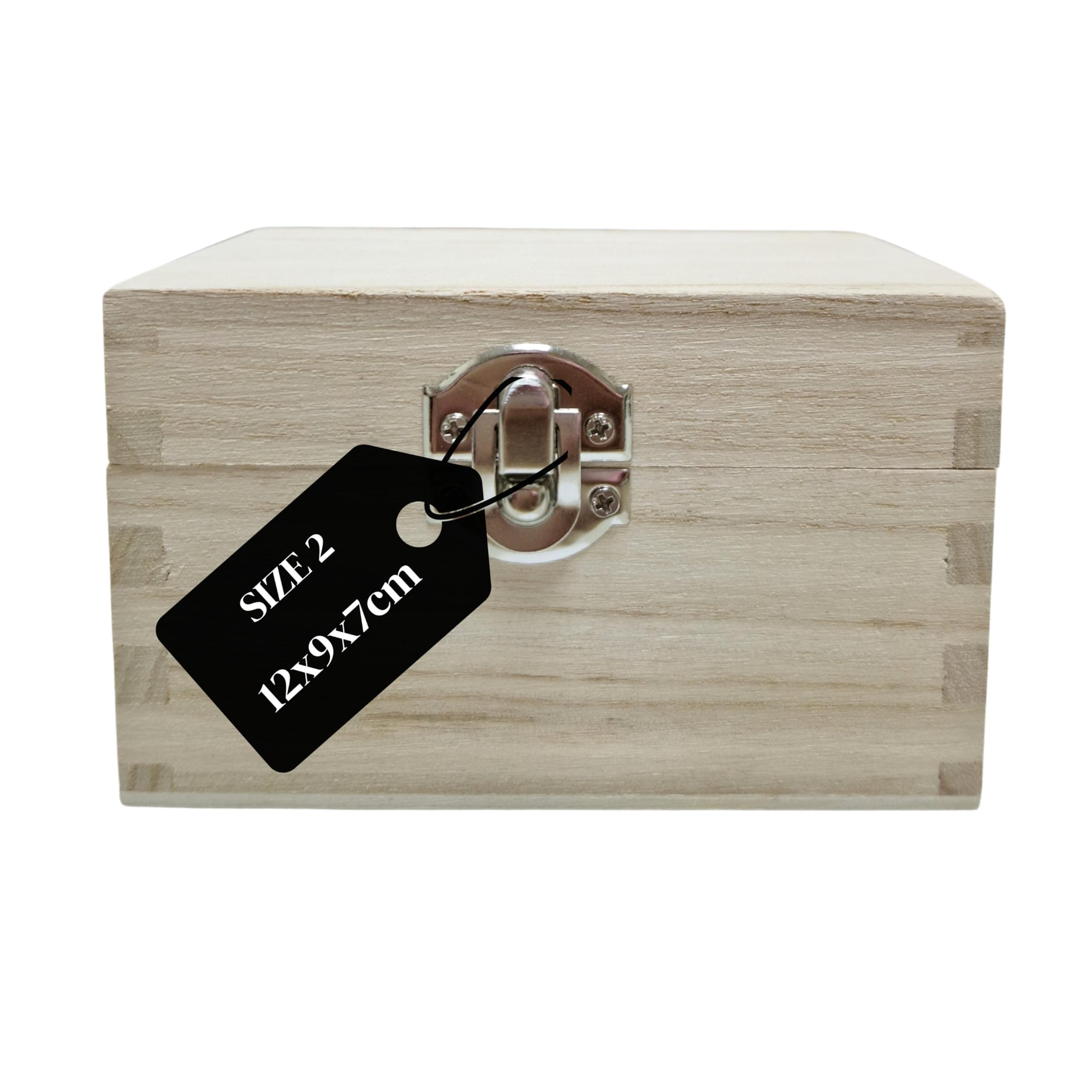 Plain Wooden Box Hinged Lid for Memory Keepsake Storage - Paint Decorate Customise for Creative DIY Craft - Trinket Jewellery Treasure Chest - Silver Clasp Lock – Small Size 2 (12 x 9 x 7cm)