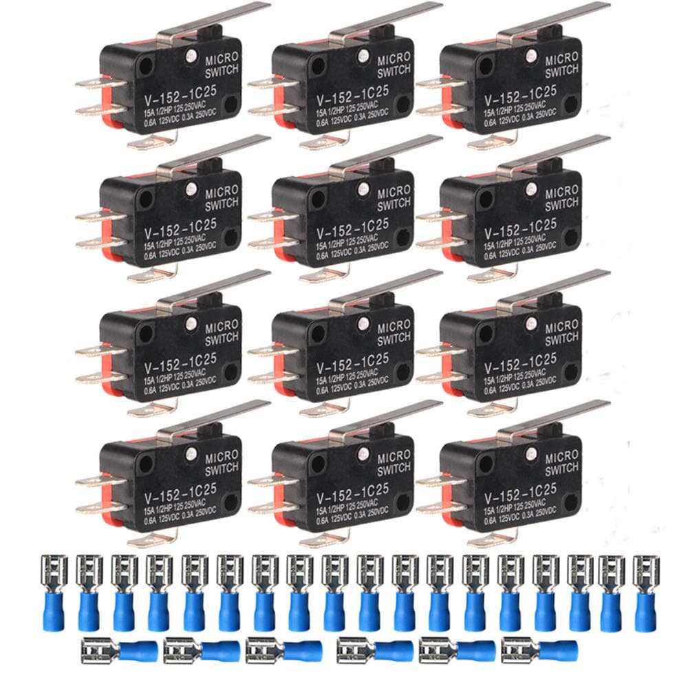 12pcs V-152-1C25 Micro Switch 1NO 1NC,3 Pin SPDT End Switch Momentary Actuator Micro Switch Push Button + 24pcs Terminals