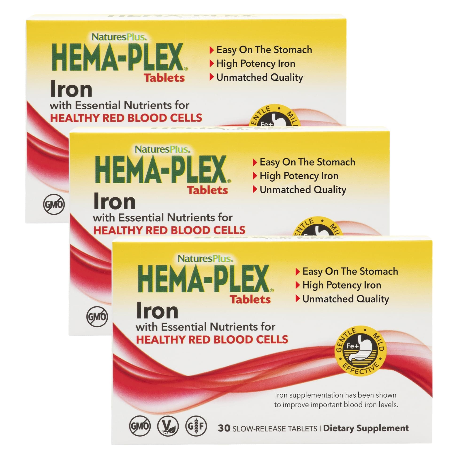 NaturesPlus Hema-Plex Iron - 30 Slow-Release Tablets, Pack of 3 - Total Blood Health - 85 mg Chelated Iron - With Vitamin C & Bioflavonoids - Non GMO, Vegetarian & Gluten Free - 90 Total Servings