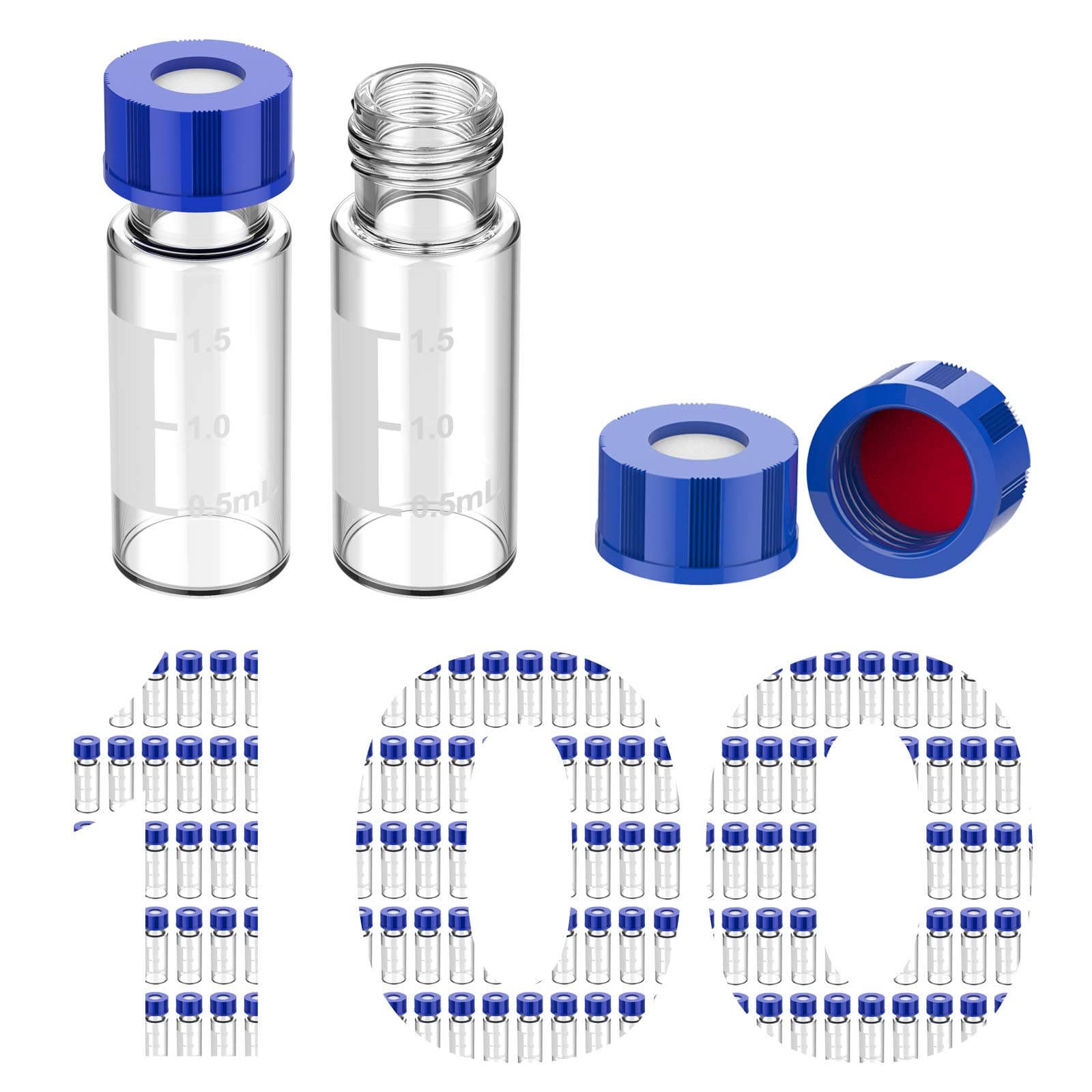 Membrane Solutions Autosampler Vials, 2ml HPLC Vials, 9-425 Lab Clear Vials with Write-on Spot and Graduations, 9mm Blue ABS Screw Caps & Septa for GC Sample Vials, 100 Pcs