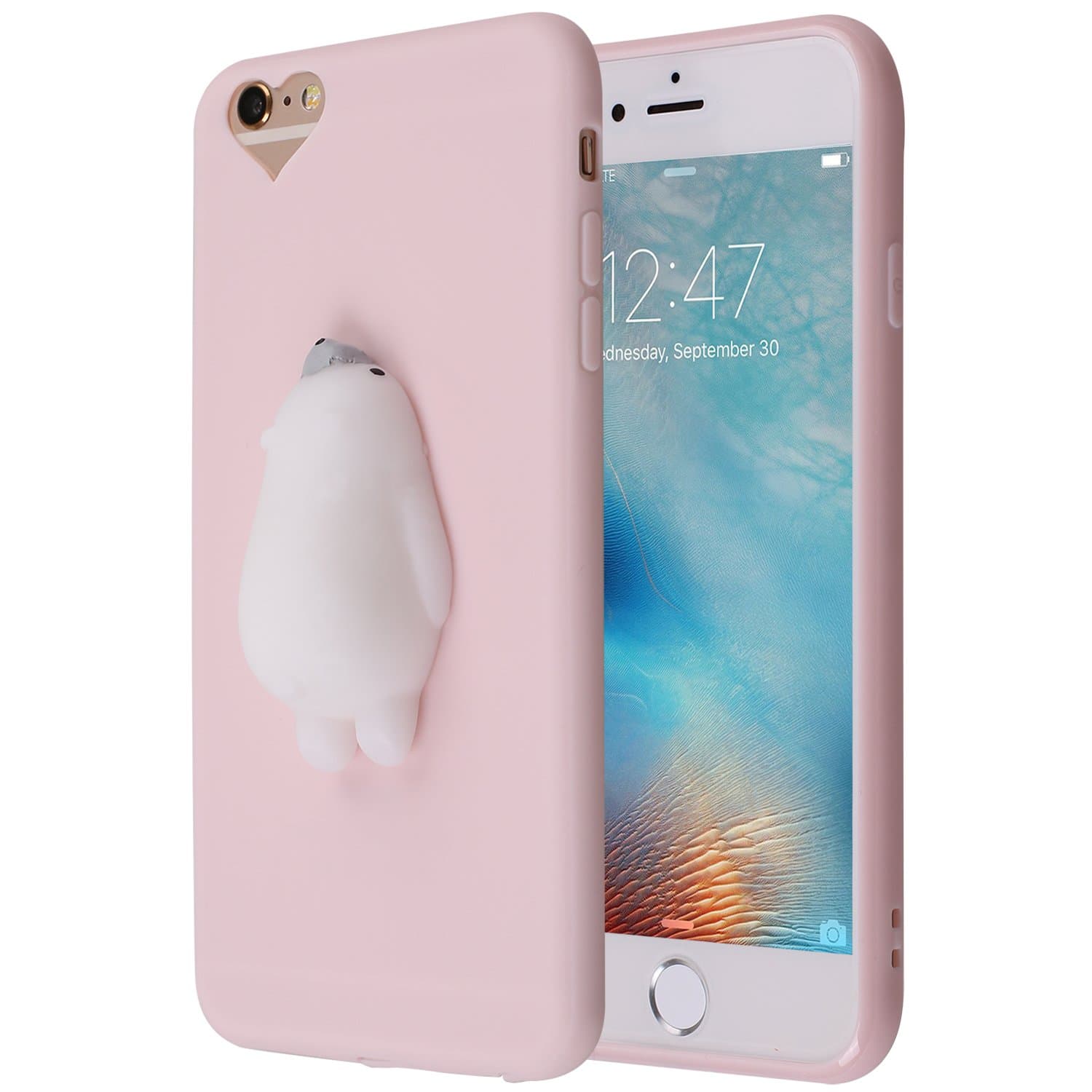 Cute Lazy Cat 3D iPhone 6S Plus Case, Cute 3D Soft Poke Squishy Silicone TPU Protective Cover for iPhone 6 Plus (Pink Polar Bear)