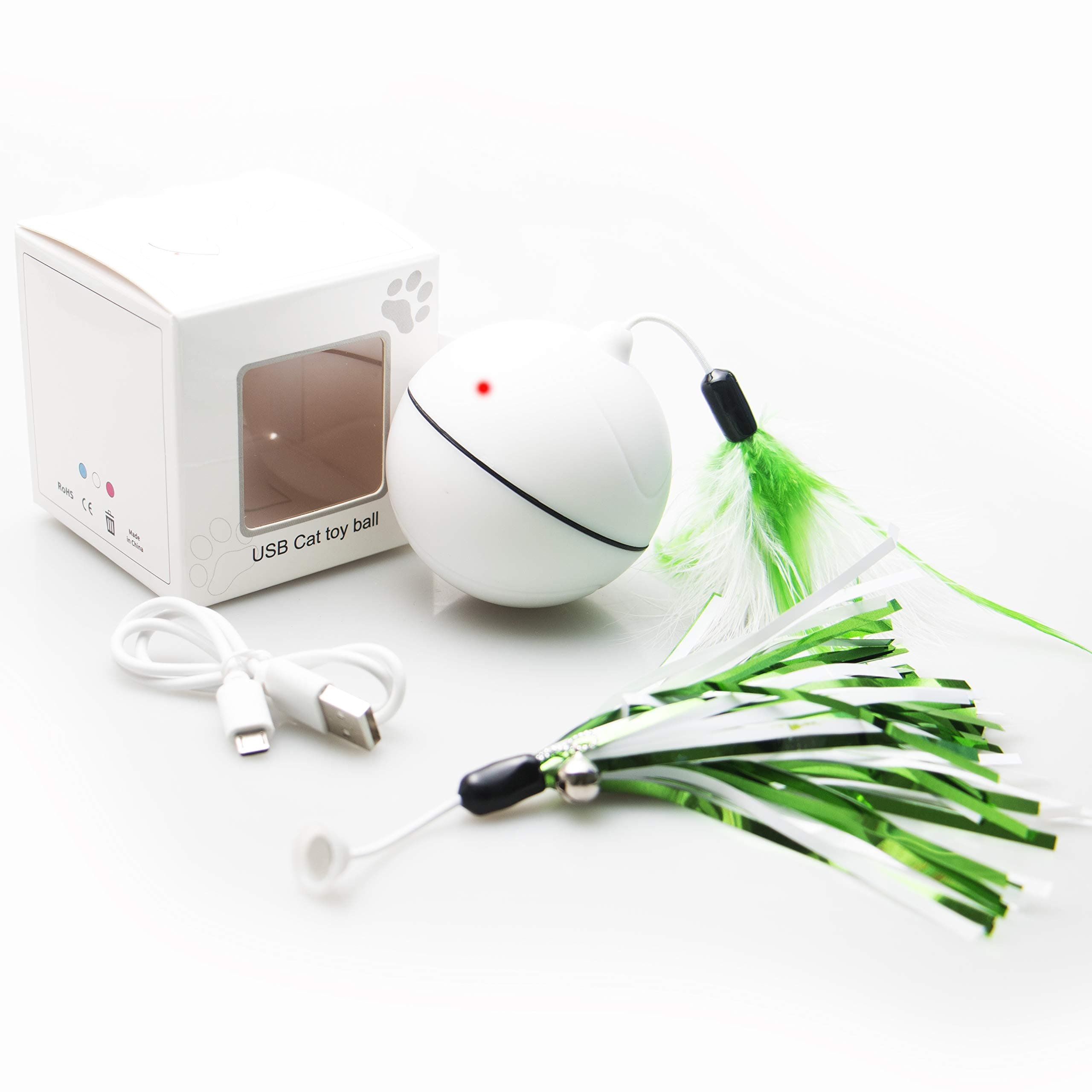 Cat Toys Interactive Smart Automatic Cats Toy Electronic Cat Wicked Balls 360 Degree Rotate Motion Rechargeable with LED Light and Feather