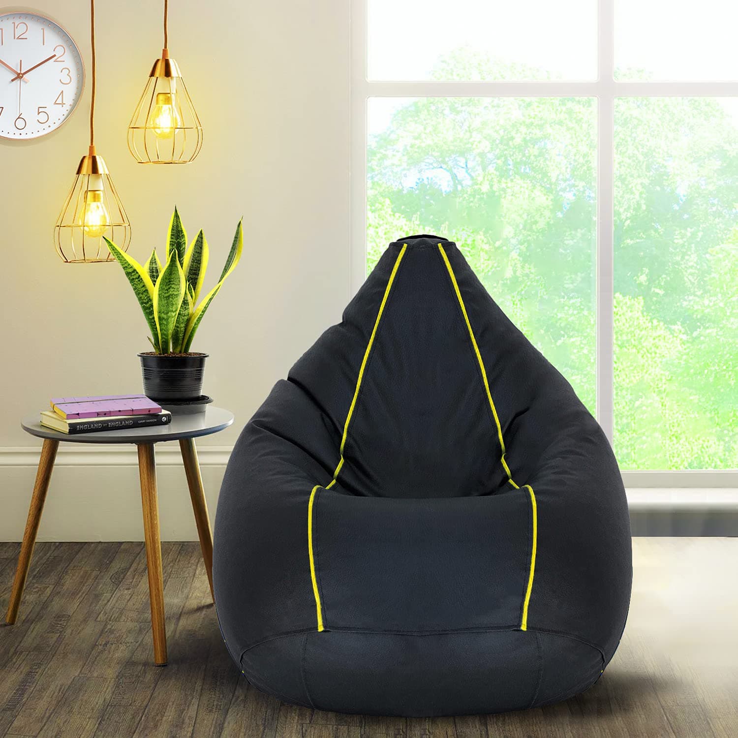 Devogue Leather Bean Bag Cover Without Beans (Black And Yellow) - Xxl