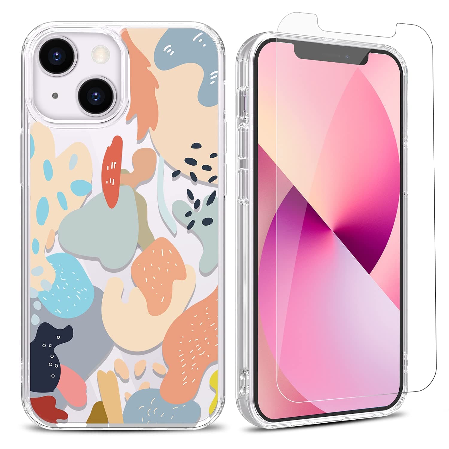 YAYOII Case for iPhone 13 with Screen Protector, Clear Floral Patten Design for Women Girls Soft Flexible TPU Shockproof Protective Flower Bumper Cover Slim Fit Thin 6.1-inch 2021-Lusty Leaves