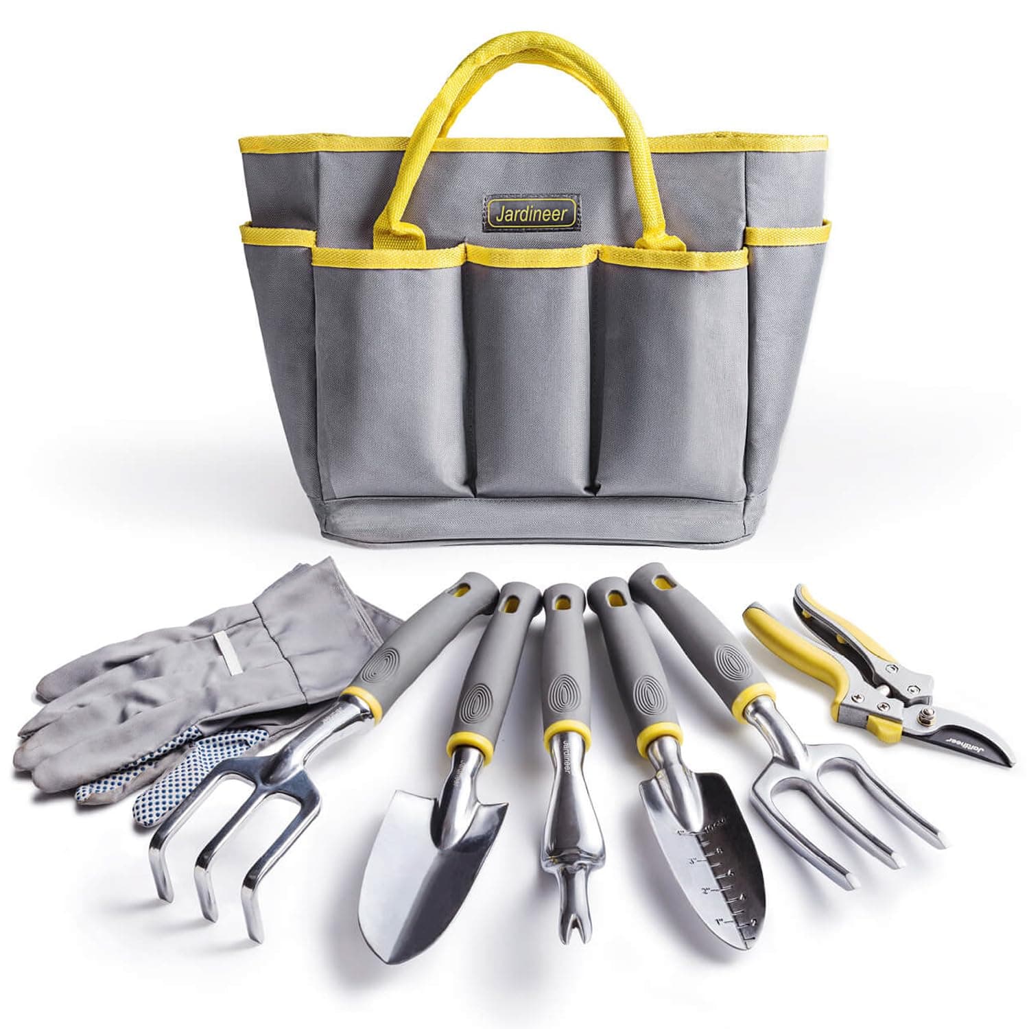 JARDINEER Stainless Steel Garden Tools Set, Including 5 Basic Garden Hand Fork and Trowel Set, Garden Glove and Pruner, Tote Bag, Gardening Tools for Women Men Mum