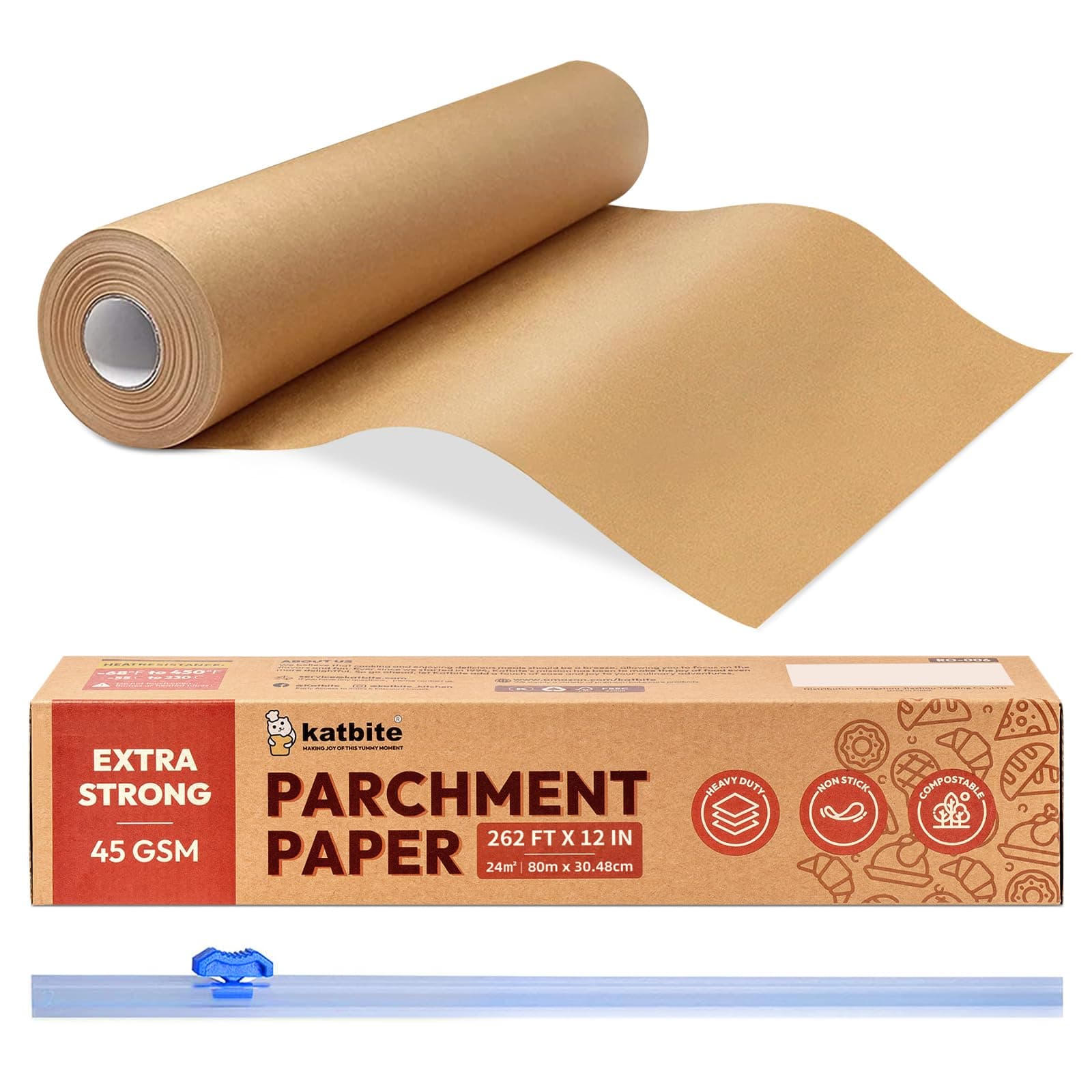 Katbite Baking Paper Parchment Paper Roll 30CM x 80M Non Stick Heavy Duty Greaseproof Parchment Paper for Cooking, Meat, Vegetables, Pizza
