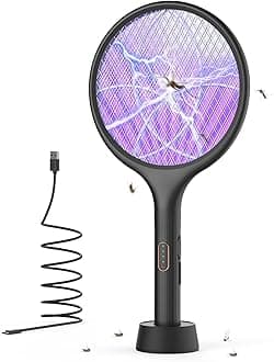 YISSVIC Electric Fly Swatter 4000V Bug Fly Zapper Racket Mosquito Killer 1500 mAh 3 Layers Mesh with USB C Cable Stand Base for Indoor Outdoor