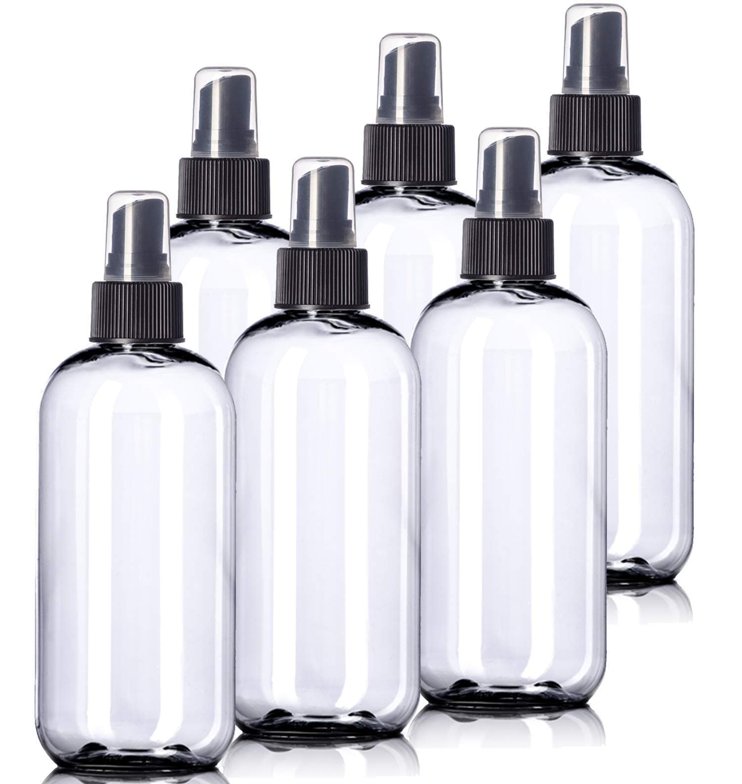 8oz Plastic Clear Bottles (6 Pack) BPA-Free Squeeze Containers with Spray Cap, Labels Included
