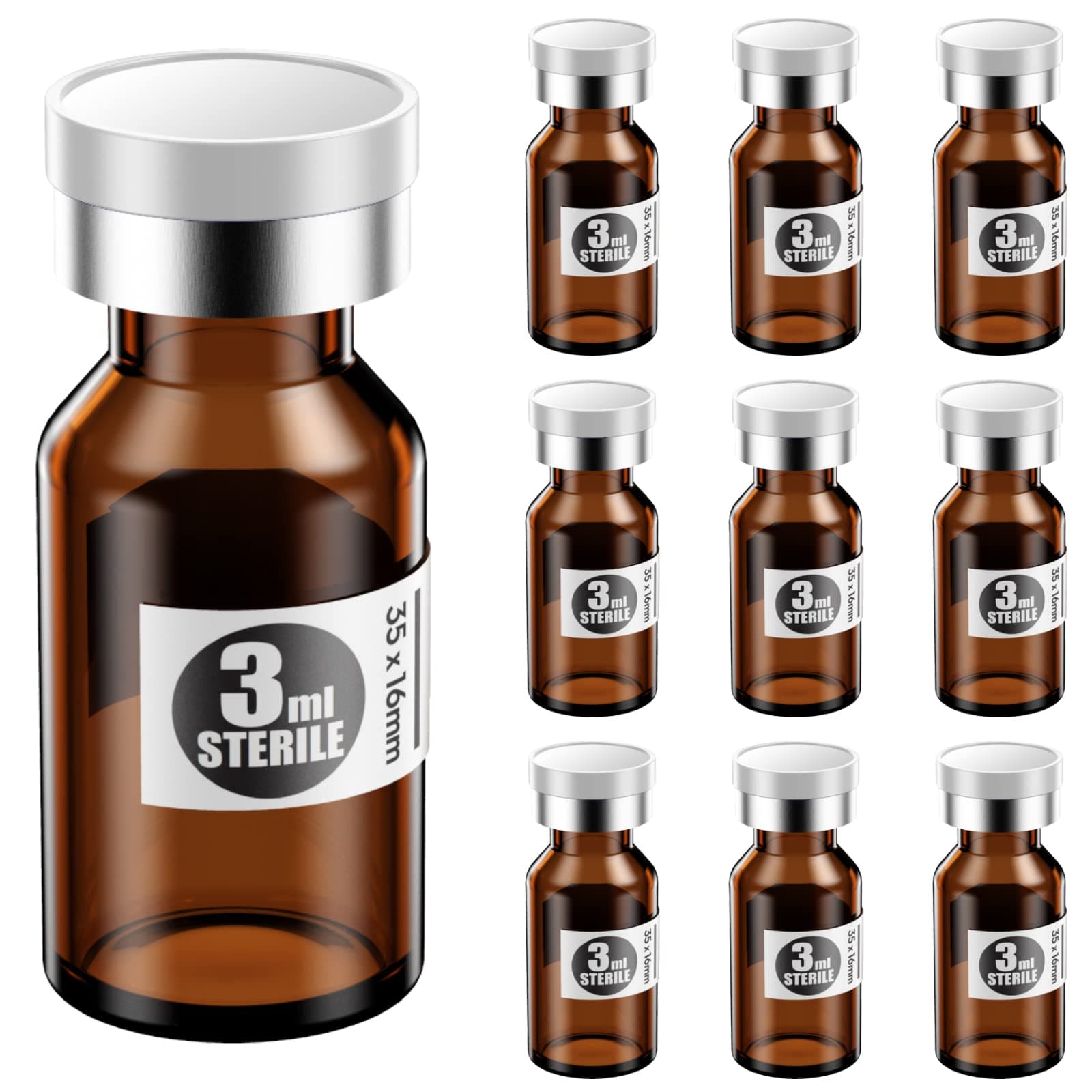 Ks-Tek Sterile Empty Vials with Self Healing Injection Port,with Aluminum Plastic Cap,Sterile Package (3ml Amber,10)