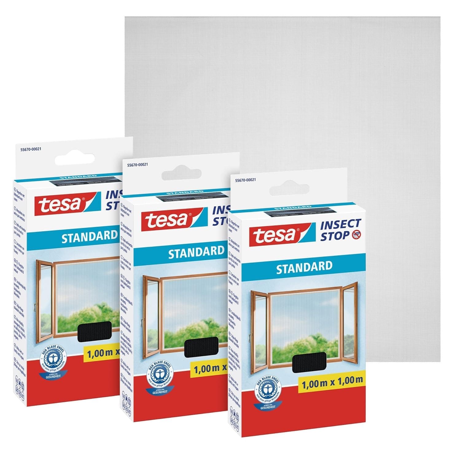 tesa UK Insect Stop Hook and Loop Standard for Windows - Self Adhesive Window Fly Screen - Cut to Desired Size - in Anthracite, 3X 100 cm x 100 cm, Clear, (55670-00500-03)