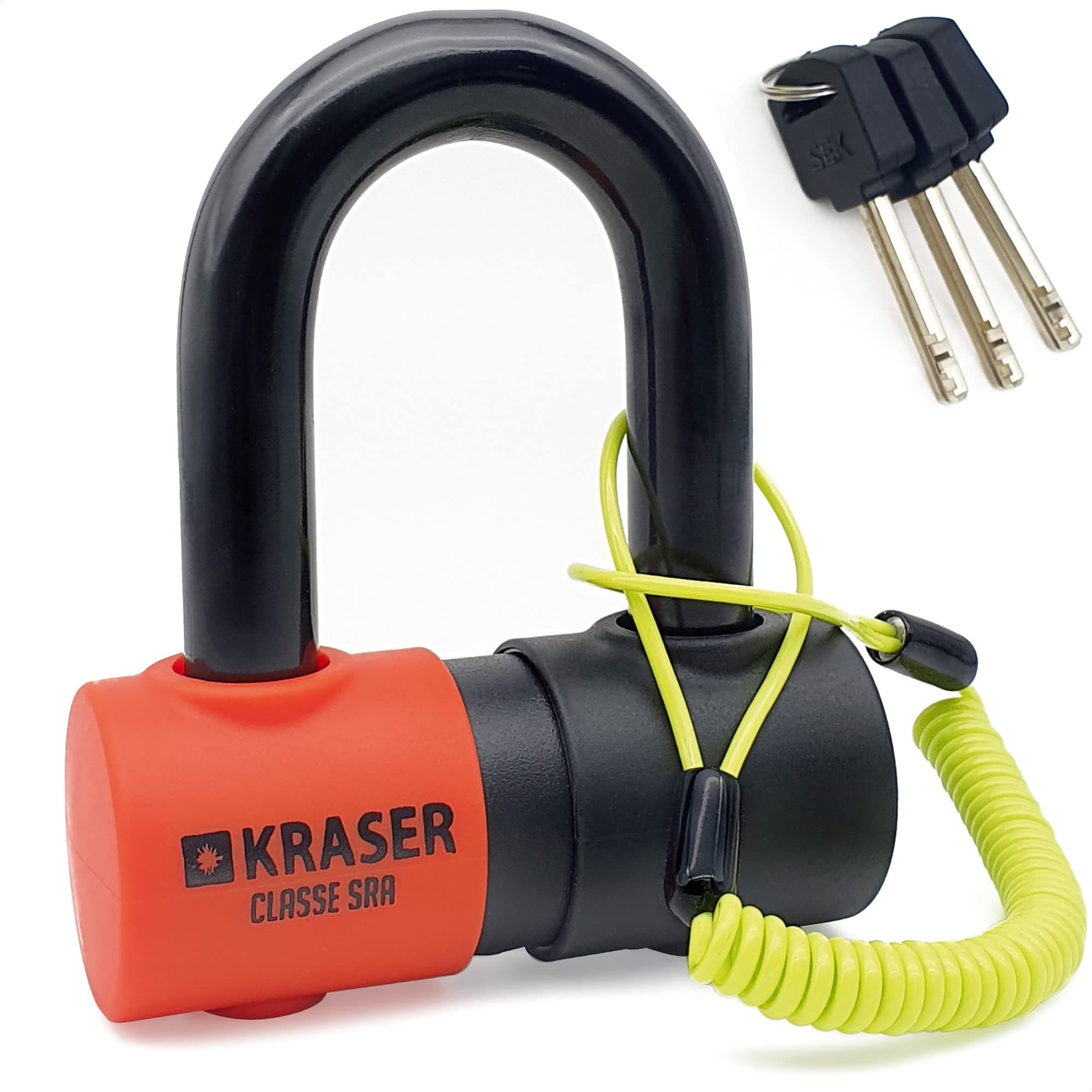 KRASER KR50 Motorcycle Disc Lock Mini U SRA Approved, Tested Ultra-Hardened 18 Steel Shackle, Double Locking Mechanism, Anti-Pick Disc Cylinder Lock, Reminder Cable, Moto Anti Theft Wheel Brake Lock