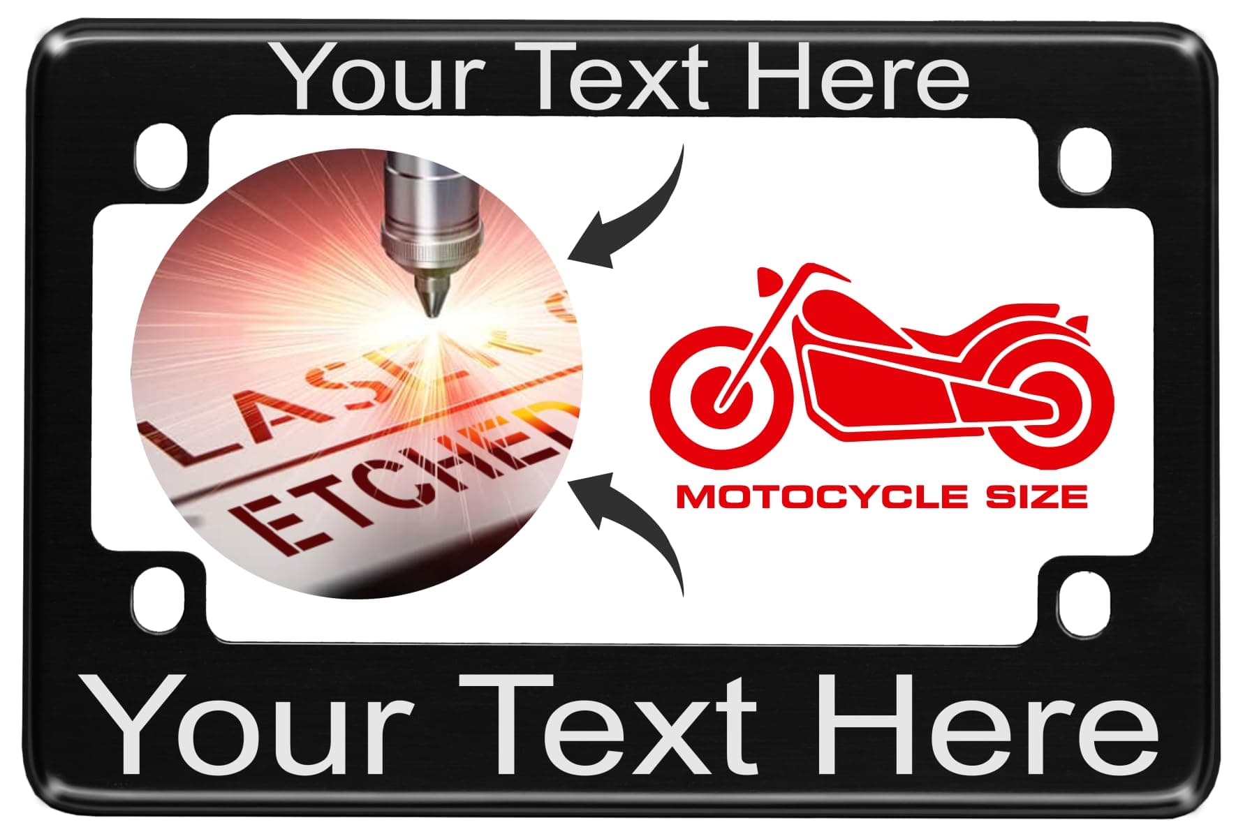 Motorcycle Personalized with Custom Text Design - Anodized Aluminum Laser Etched Standard Size License Plate Frame - Black