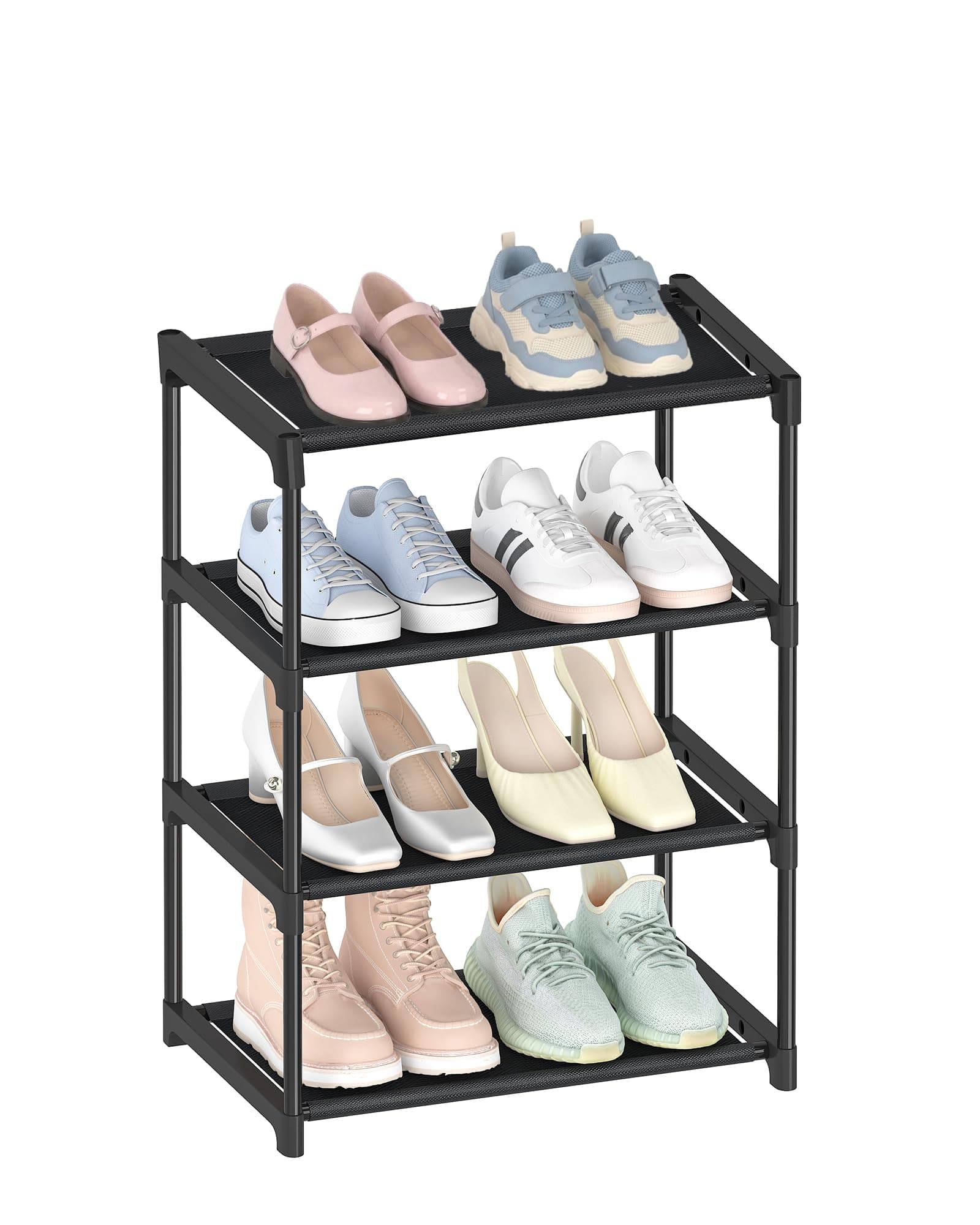 HITHIM 4 Tiers Small Shoe Rack,Narrow Stackable Shoe Shelf Organizer,Sturdy Shoe Stand, Non-Woven Fabric Metal Shoe Racks for Entryway, Doorway and Bedroom Closet