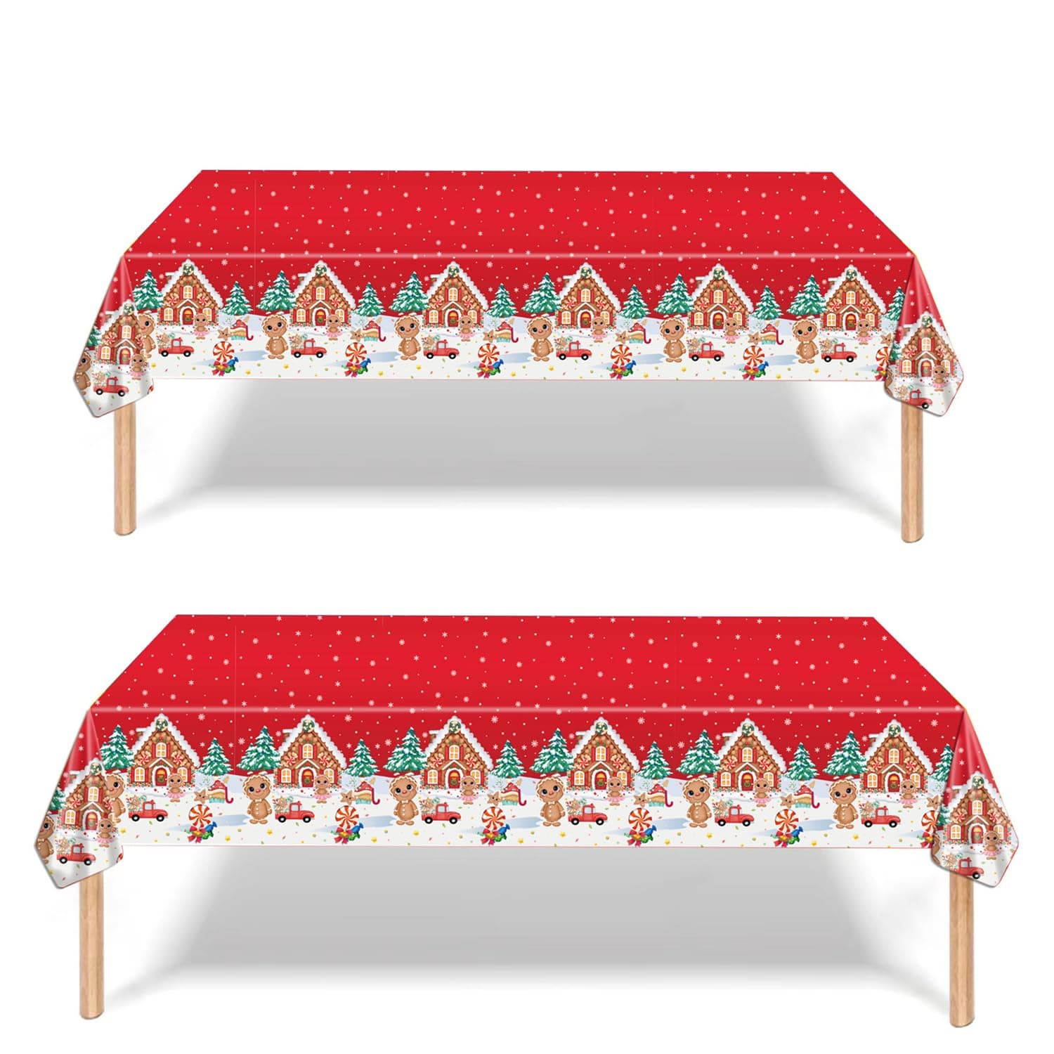 2 Pack Christmas Table Cloth, 137x274cm Rectangle Large Plastic Tablecloth Red Gingerbread Man Party Tableware Decor, Xmas Tablecovers for Winter Holiday Dinner