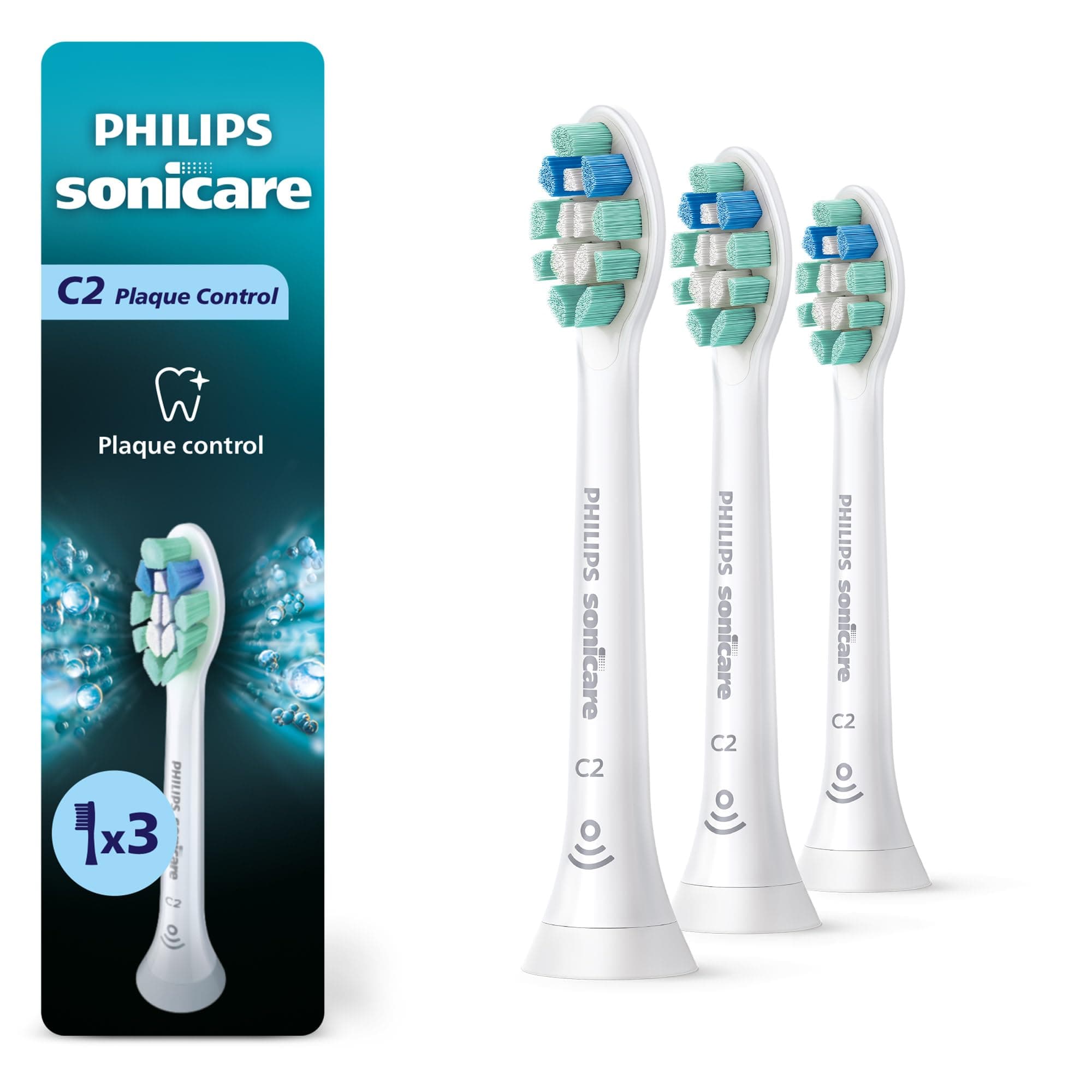 C2 Plaque Control - Genuine Replacement Electric Toothbrush Heads, White, 3 Pack, HX9023/65