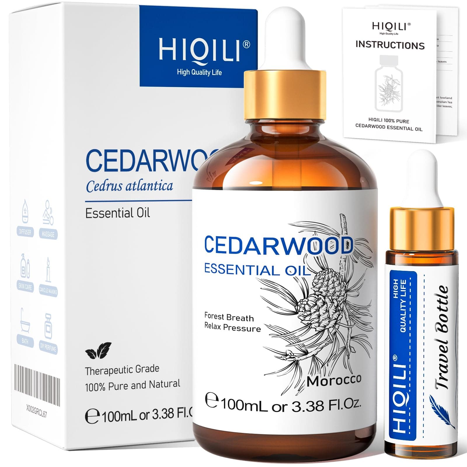 HIQILI Cedarwood Essential Oil 100ml, Pure Natural Cedarwood Oil for Spray, Diffuser, Skin, Hair, DIY