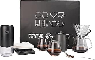 Coffee Pour Over Kit Hand Drip with Kettle, Electric Grinder, Camping Travel Coffee Kit Ideal for Anniversary Birthday Gift