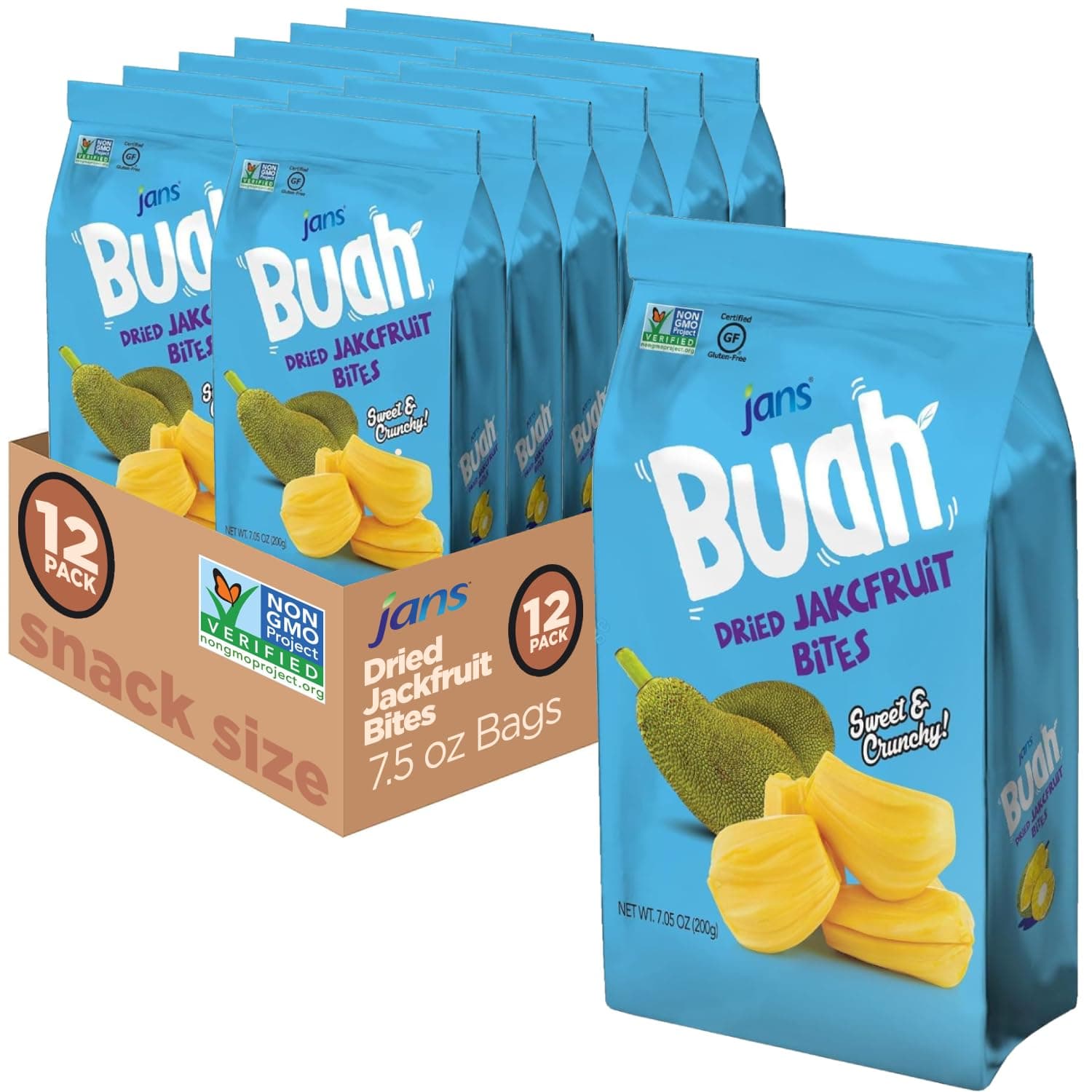 Jans Buah Jackfruit Chips (7.05 Oz Bag, Pack of 12) - Dried Jack Fruit Chips Experience Real Fruit, Gluten-Free, Sweet & Crunchy, Ready-to-Eat, Perfect for Anytime Snacking