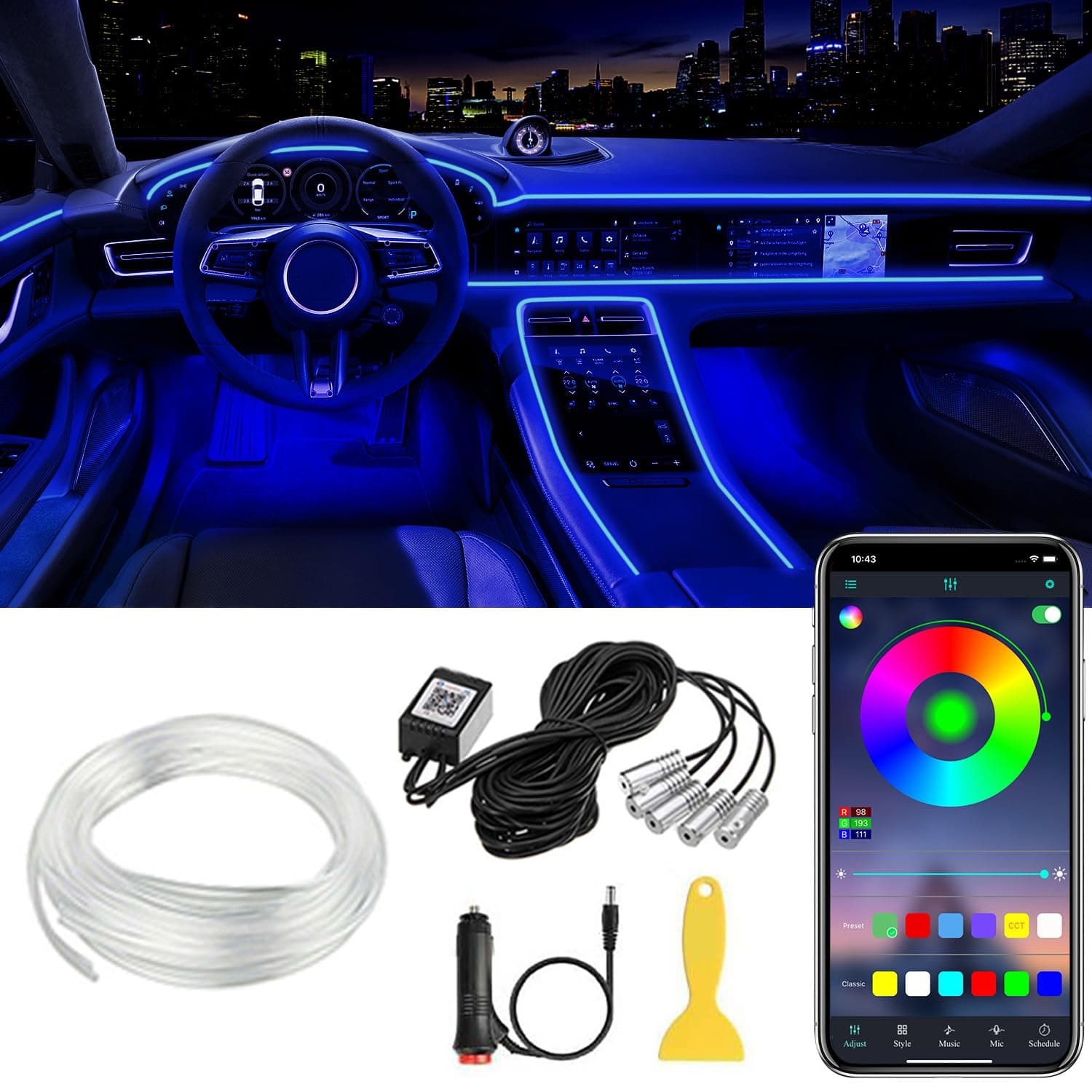 Interior Car LED Strip Lights APP Control, 5 in 1 RGB 16 Million Colors Ambient Lighting Kit with 236 inches Fiber Optic, Music Mode Inside Car Lighting Decorations