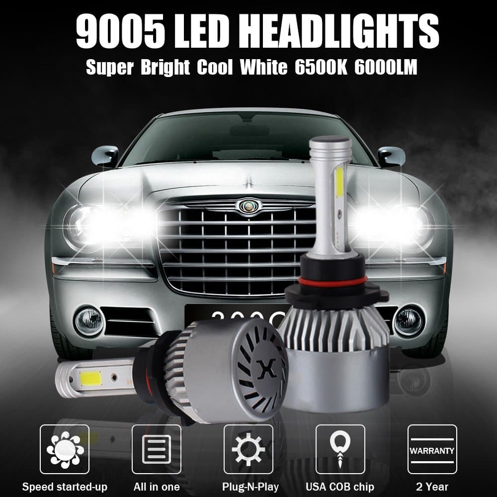 Led Headlight Conversion Kit - 9005 COB Chips 2 Pcs 6000LM 6500K 60W Crystal Clear Cool White HB3 Led Headlamp Bulbs Replacement for Car Waterproof IP68 - 2 Yrs Warranty