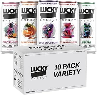 Lucky Energy Sugar Free Energy Drinks, Variety Pack, 16oz Cans (10-Pack) Healthy, Zero Sugar Energy Drink with Maca, Ginseng, Beta-Alanine, Taurine & 200mg Caffeine