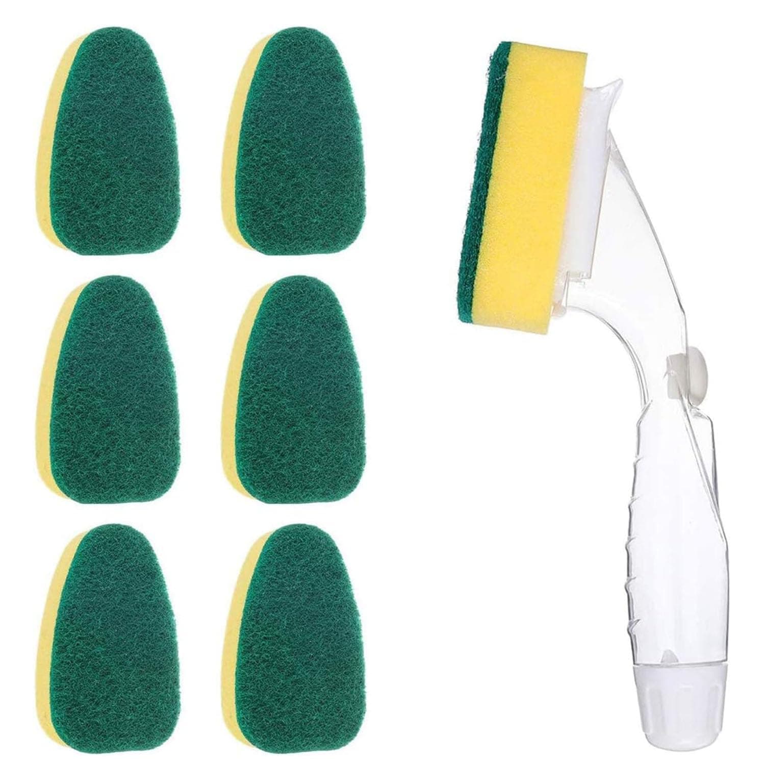 X spring Sponge Brush with Handle, 1 Dish Wands and 7 Refill Replacement Heads, Kitchen Cleaning Sponges, Keeps Hands Out of The Mess, Heavy Duty Dish Wand Sponge for Kitchen, Table and Floors