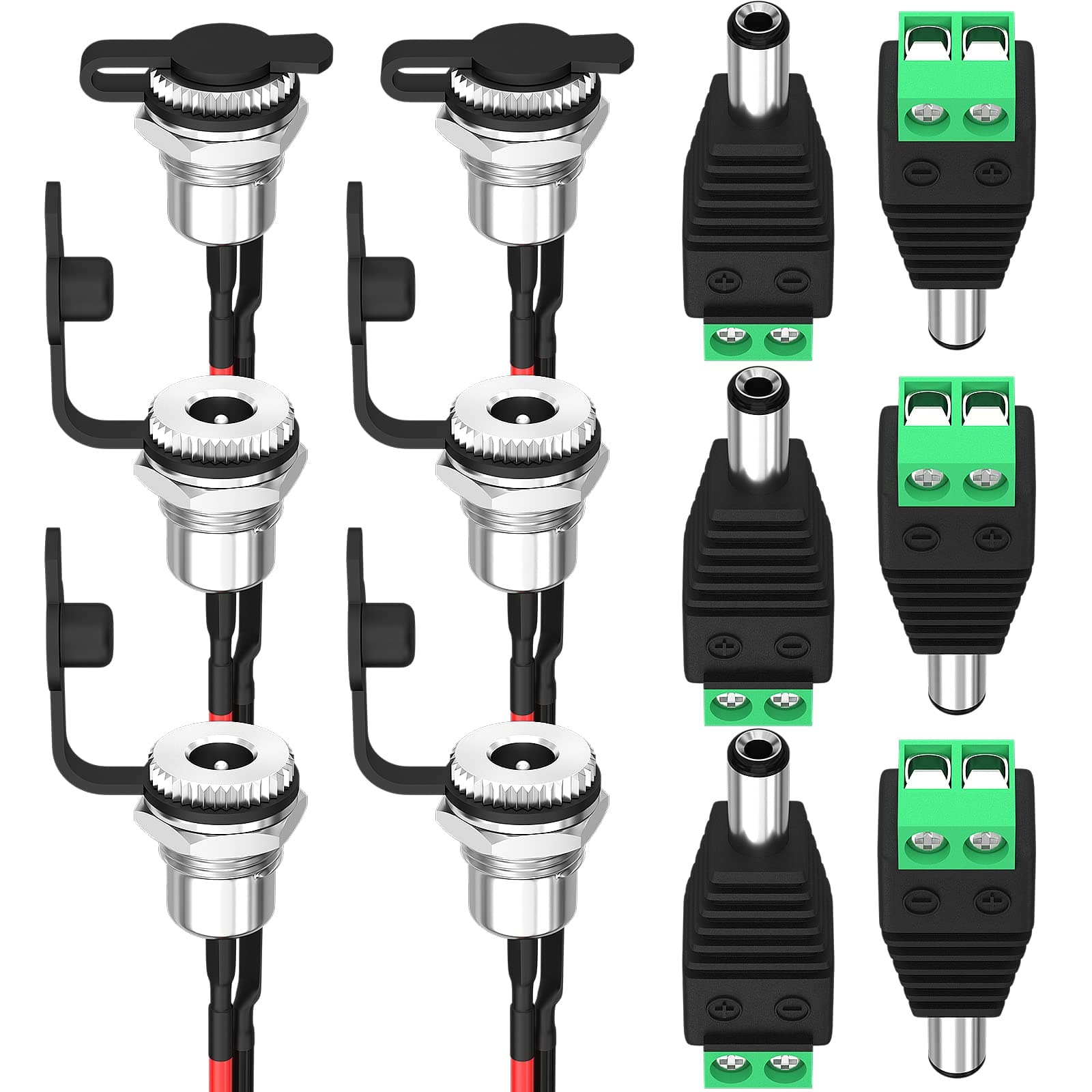DaierTek DC Jack 5.5x2.1MM Pre-Wired Female DC Power Jack Panel Mount Barrel Jack with 5.5 x 2.1 MM Male DC Connector Plug Waterproof Cover for Audio Video CCTV DIY Appliances -6Pcs