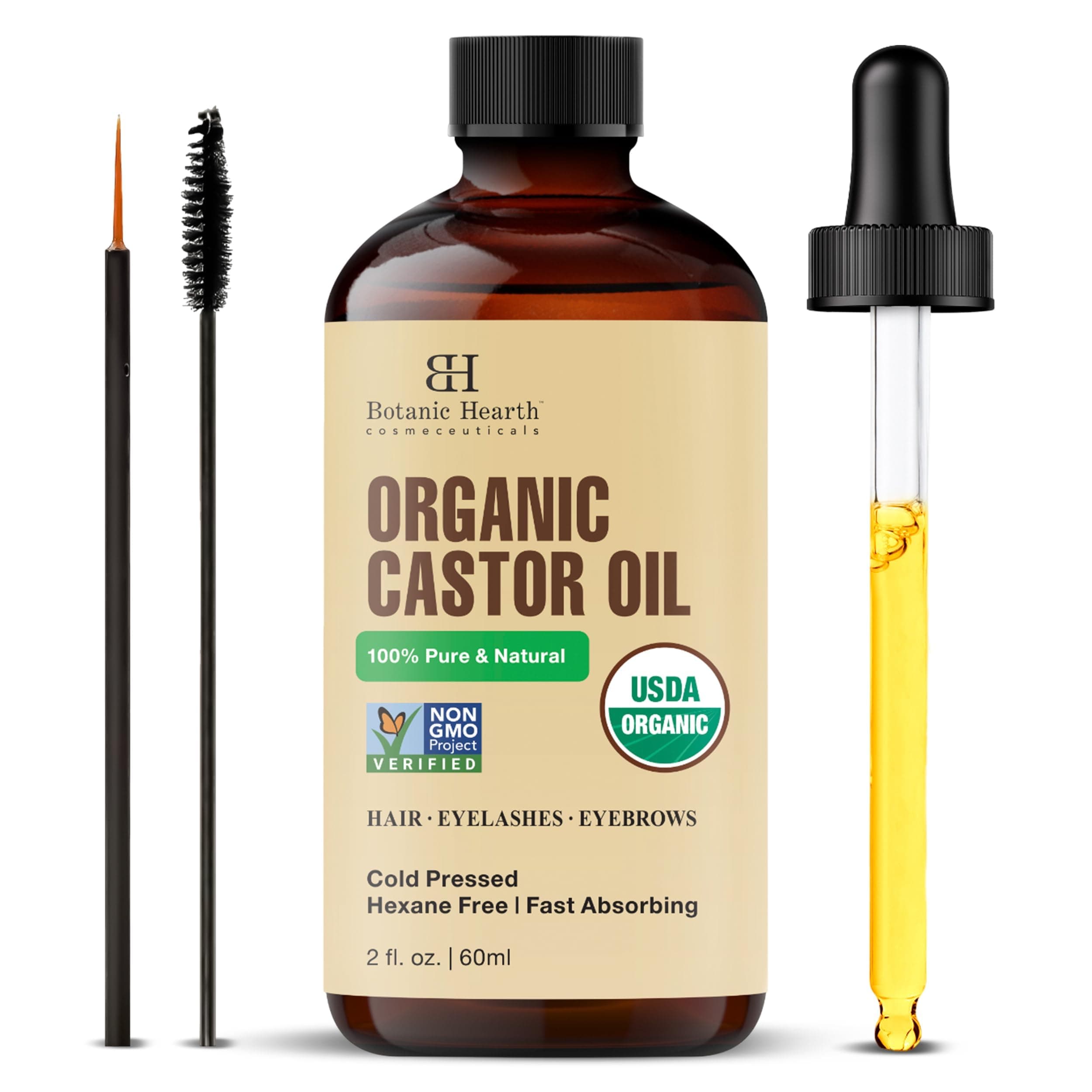 Botanic Hearth Castor Oil & Hair Treatment Oils 2 Fl oz| 100% Pure & Natural, Cold Pressed |For Hair, Eyelashes & Eyebrows | Hexane Free, Fast Absorbing | With Applicators & Dropper | All Hair Types