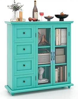 Sideboard Buffet Cabinet, Kitchen Storage Cabinet with 4-Drawers, 2 Tempered Glass Doors, Buffet Table, Accent Cabinet for Entryway, Dining Room, Kitchen, Home, Basement, Green