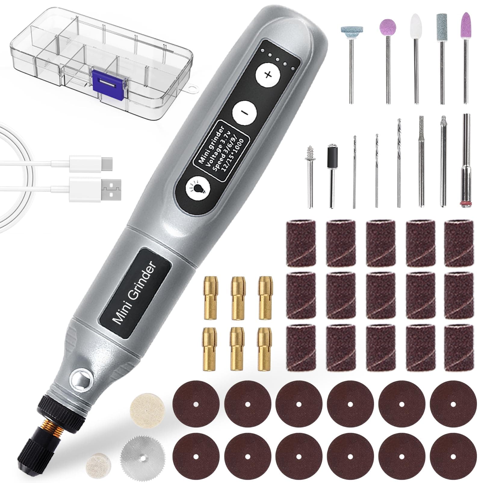 Wireless Mini Rotary Tool Kit - 5 Speeds Adjustment USB Rechargeable Mini Grinder with Light 50 Accessories Multifunction Power Rotary Tool for Sanding Polishing Drilling Etching Engraving DIY