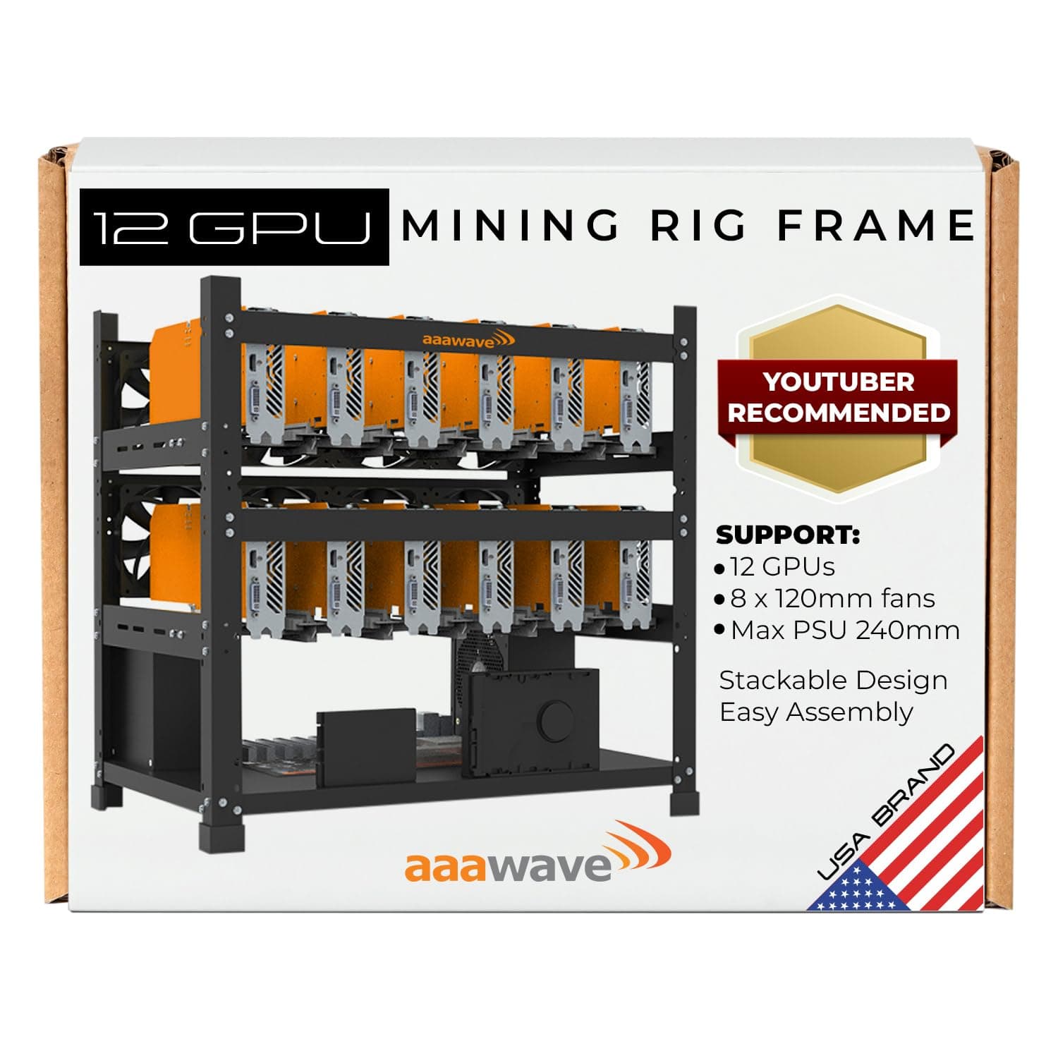 AAAwave 12GPU Mining Rig frame - The Sluice V2 Steel Open Frame Mining Rig Case, Stackable Chassis for Crypto Coin Currency & AI Machine Learning Applications