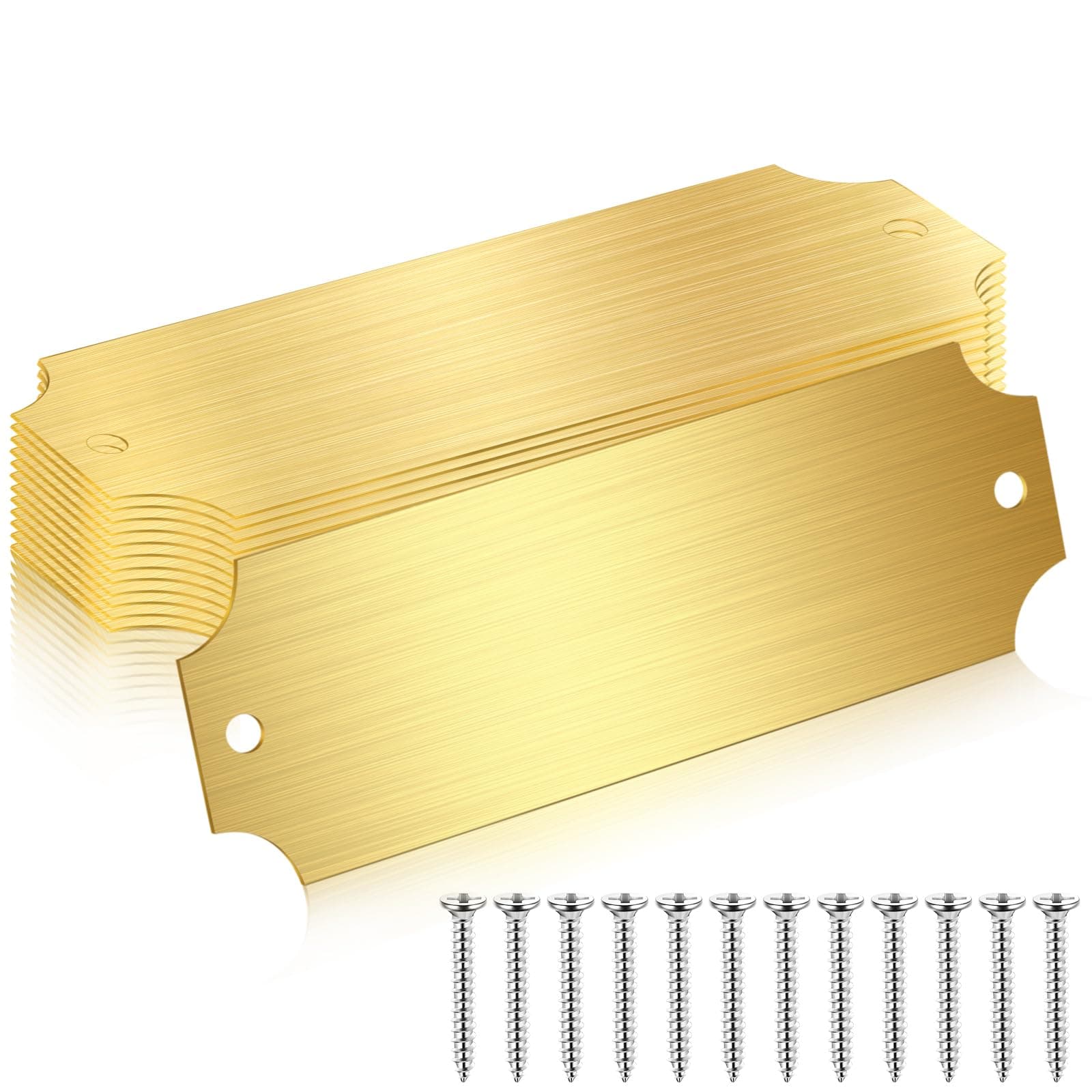12 Pcs Engraved Name Plates Laser Brushed Solid Metal Plate Personalized Plaque Blank Custom Name Tag Frame Label with Adhesive Backing and Screws for DIY(Gold Notched Corner,1'' X 3'')