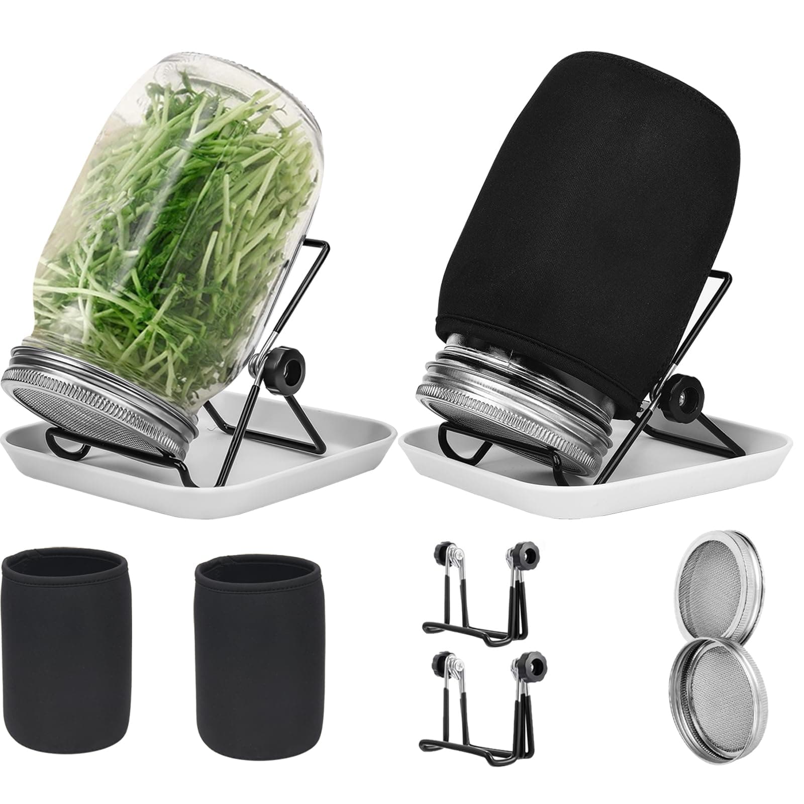 Seed Sprouting Jar Kit, 2pcs 1000ml Wide Mouth Quart Mason Jars with Stainless Steel Screen Sprout Lids,86mm Caliber,with Tray,Stand,Shading Cloth and Canning Brush,for Making Seeds Sprouts