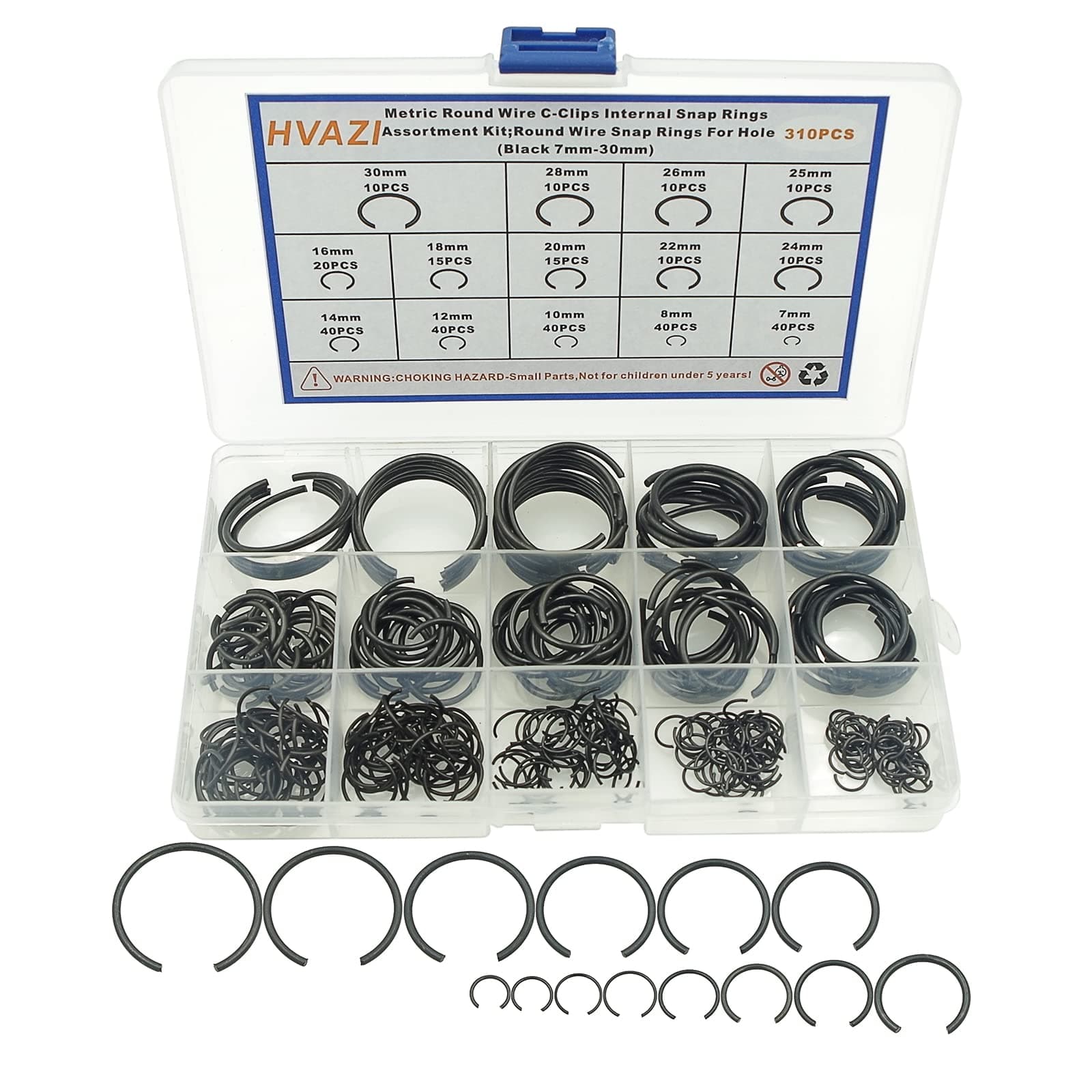 310PCS 14-Sizes Round Wire C-Clips Internal Snap Rings Assortment Kit;Round Wire Snap Rings for Hole(Black 7mm-30mm)