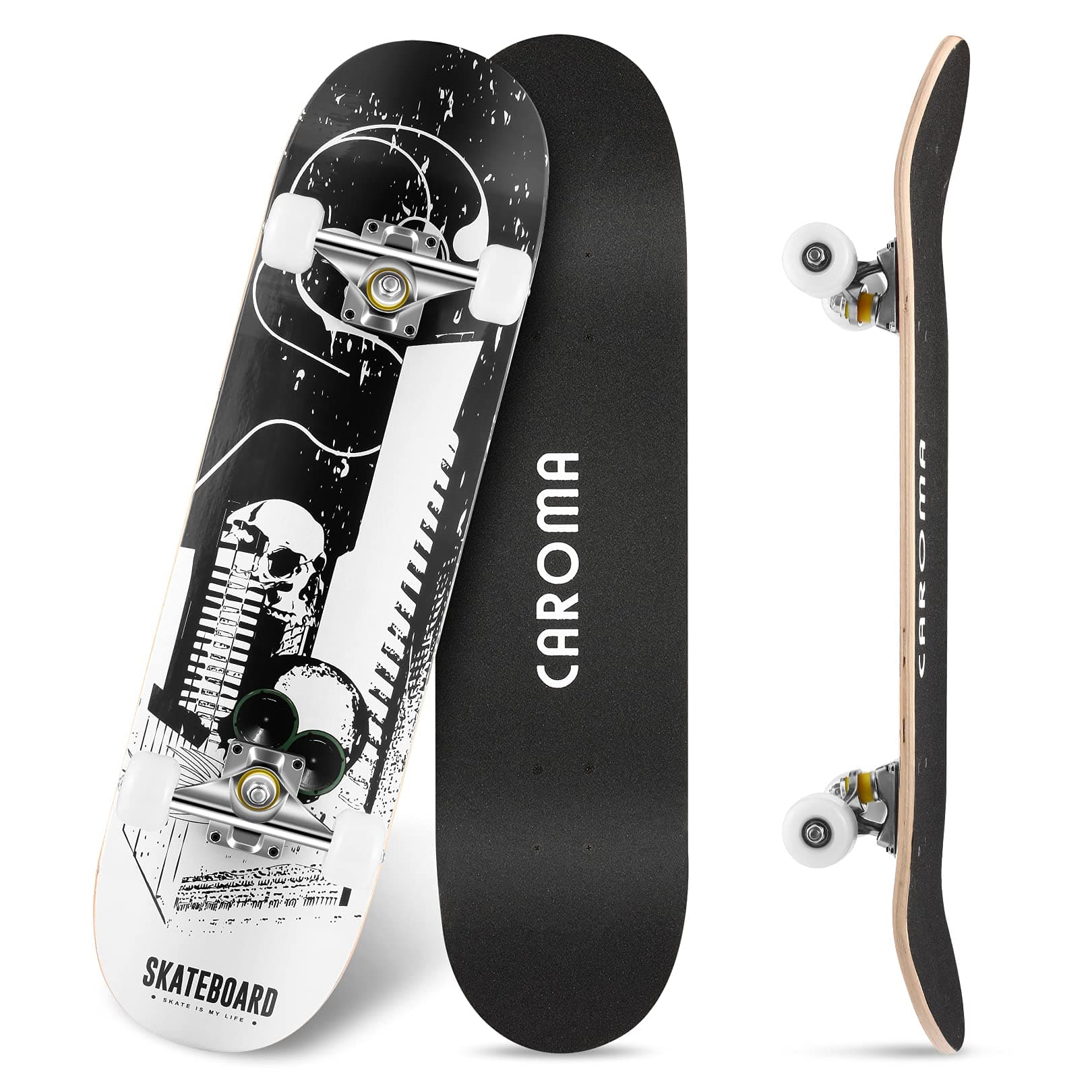 Caroma Skateboard for Beginner, 79cm Complete Skateboards, 9 Layer Maple Wood Deck, Double Kick Trick Concave Cruiser Skateboards, 4 Wheels Longboard for Kids Teen Girl Boy Skateboarding