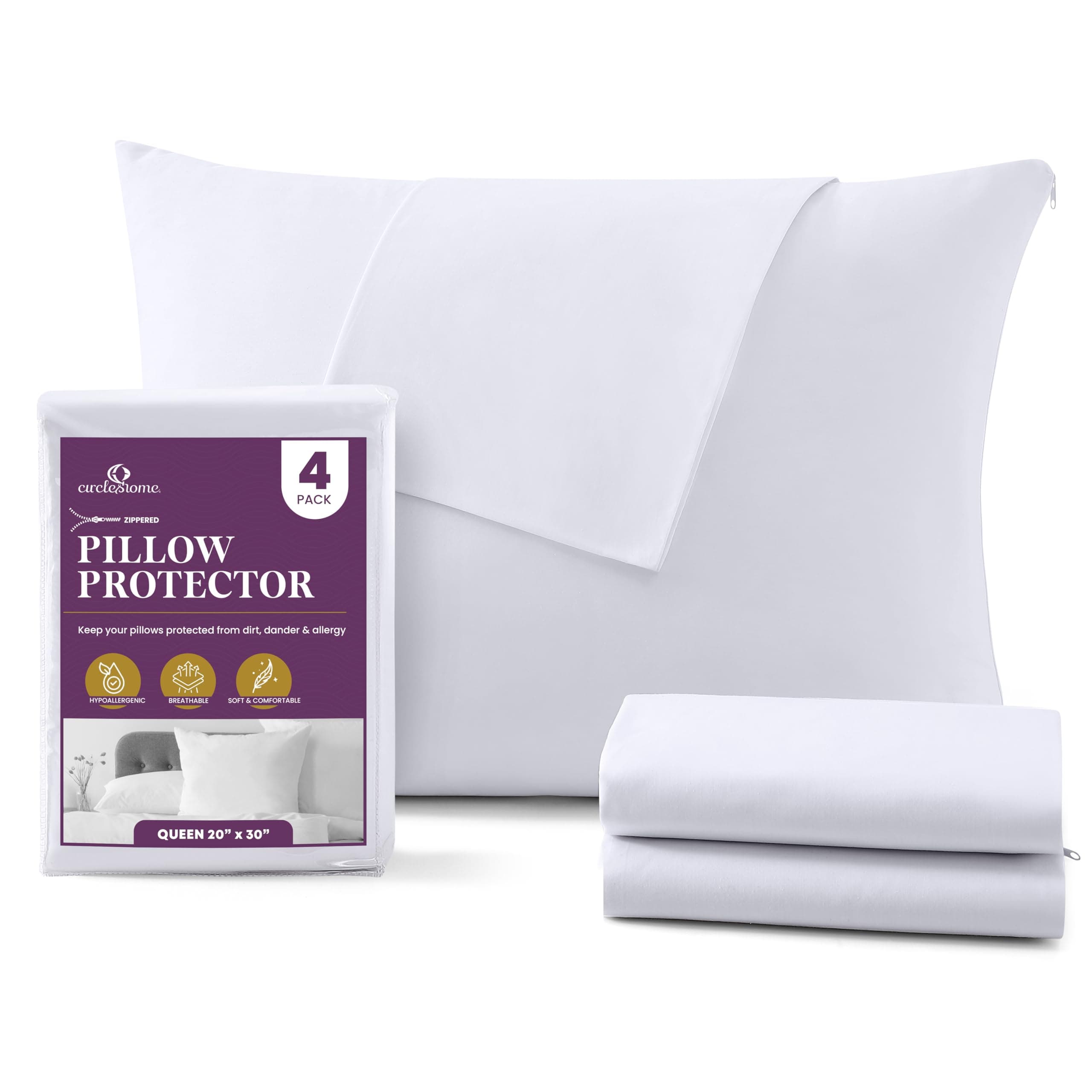 Mastertex Pillow Protector 100% Cotton Zippered Style - Breathable/Quiet - 4 Pack White Pillow Cover (Queen - Set of 4)