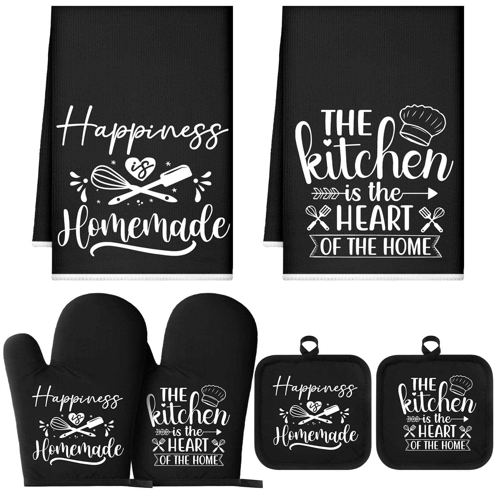 Sratte 6 Pcs Kitchen Decor Accessories Set Farmhouse Towels Pot Holders Oven Mitts Set 2 Dish Towels 2 Potholders 2 Cooking Mittens Oven Glove for Christmas Baking Cooking Supply(Black,Kitchen)
