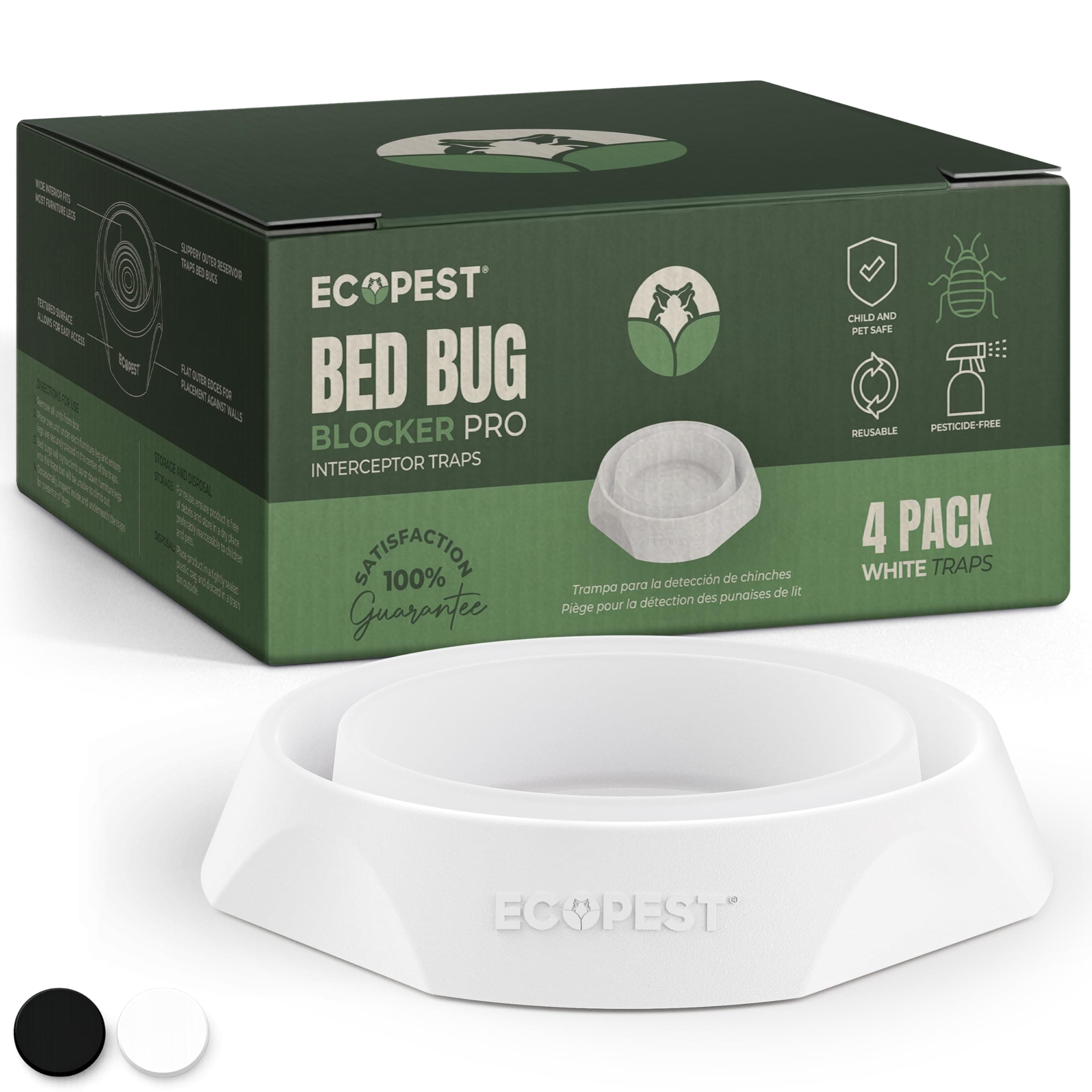Bed Bug Interceptors – 4 Pack | Bed Bug Blocker (Pro) Interceptor Traps (White) | Insect Trap, Monitor, and Detector for Bed Legs