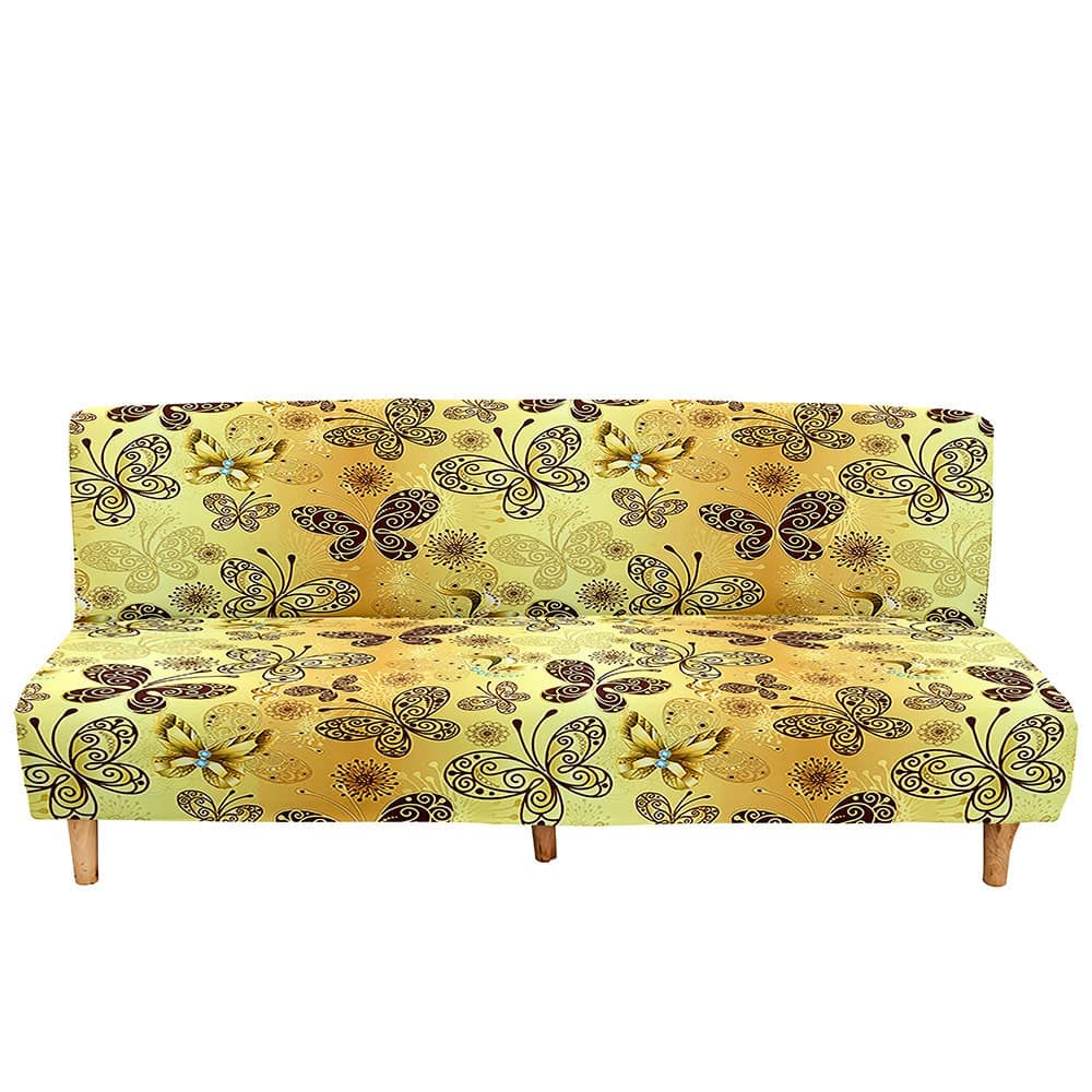 Mateju Armless Sofa Bed Cover, Butterfly Pattern Folding Sofa Bed without Armrests, Non Slip Stretch Futon Slipcover Protector for 2-3 Seater, Washable Couch Bed Slipcovers (Yellow,120-150cm)