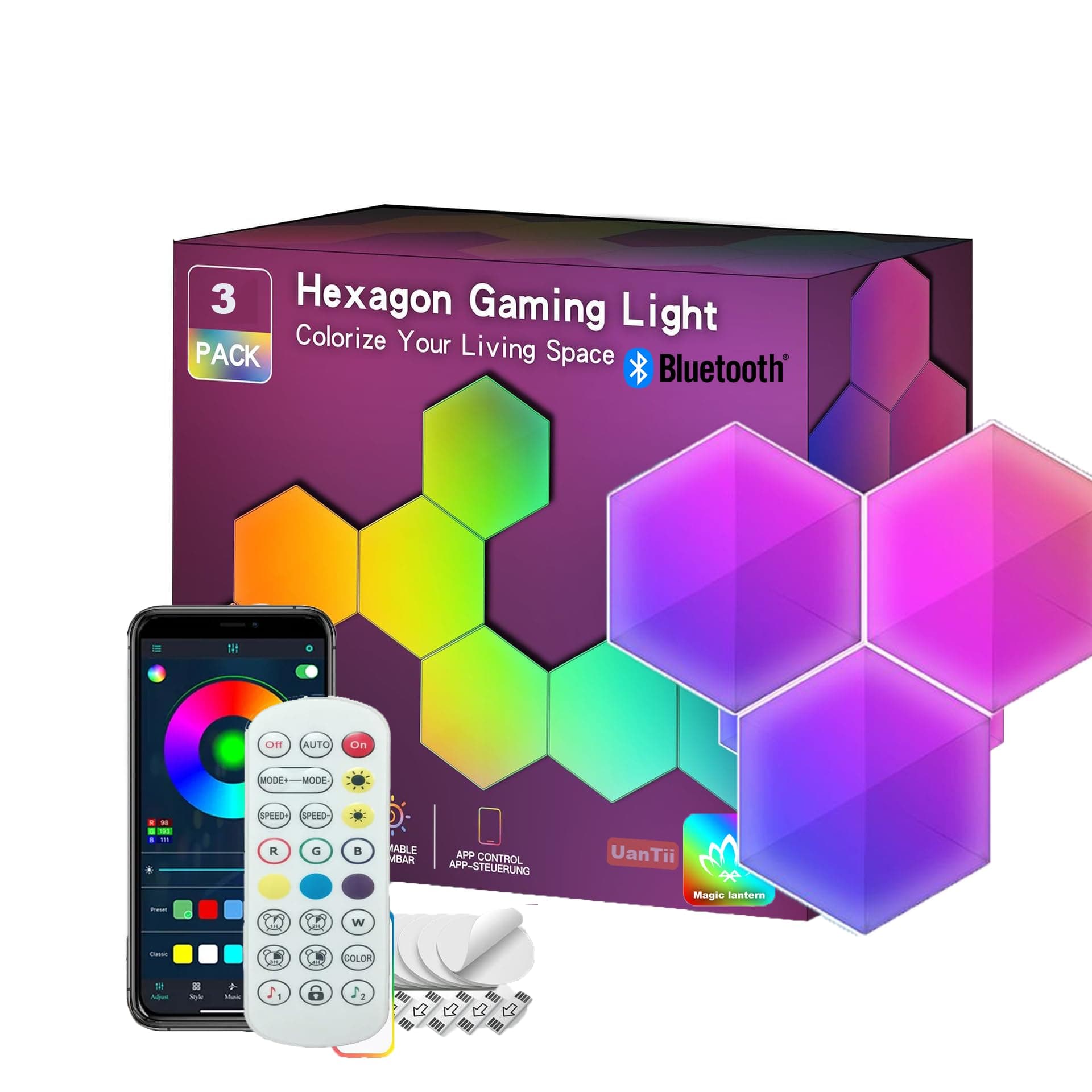 UanTii Bluetooth Smart Hexagonal Lamp,RGBIC LED Panel Light Smart Night Light Gaming Light with Bluetooth App Remote Control (Bluetooth-3pcs)