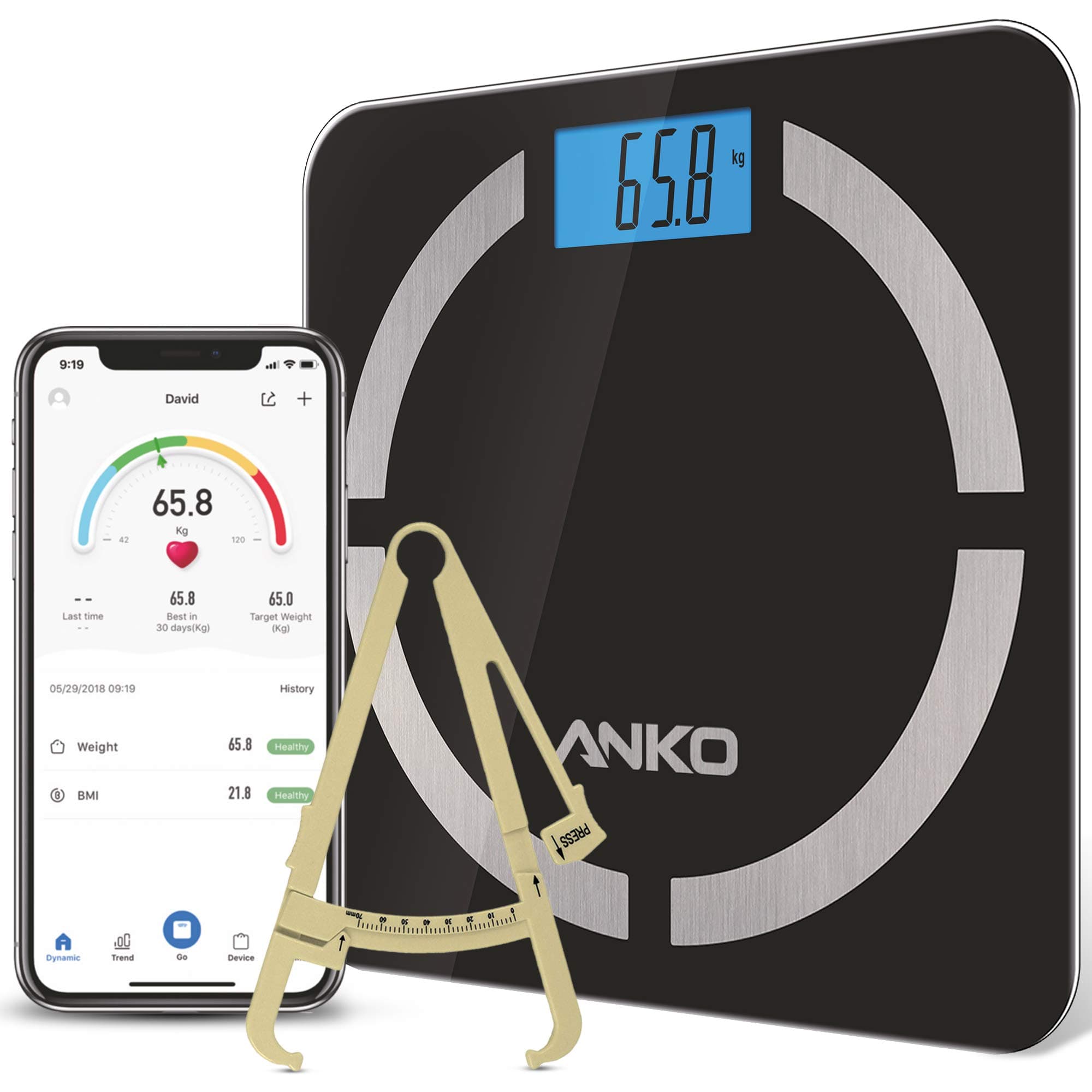 ANKO Digital Body Weight Scale with Step-On Technology – 8 Body Composition Analysis with Free OKOK International App Compatible with iOS & Android, Auto On/Off – Included Free Fat Caliper