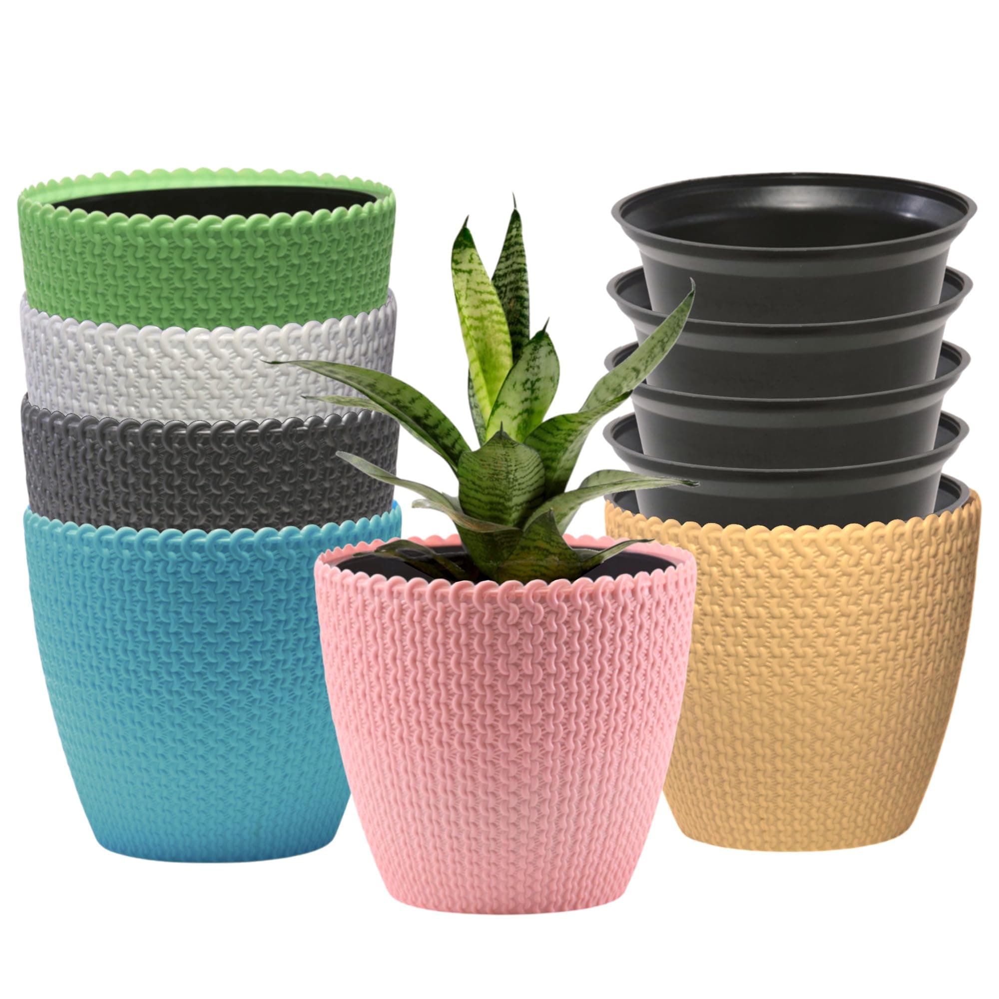 DOAP Decorative Planter Set, 5 Self Watering Pots with Inner Liner Pots, Plastic Flower Pots for Home, Office Indoor/Outdoor Use (Assorted 5 PC)