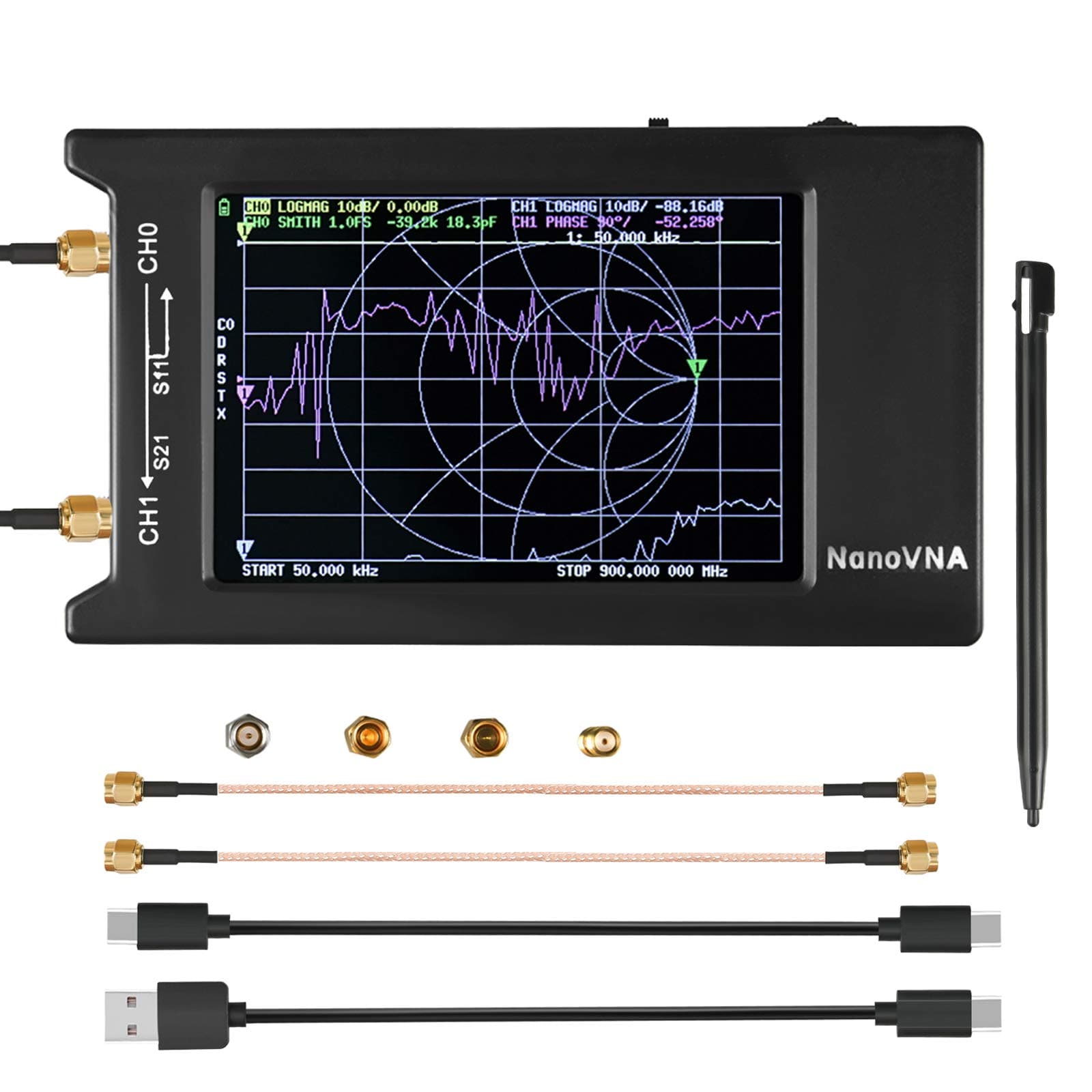 NanoVNA-H4 Vector Network Analyzer Kit 10KHz-1.5GHz HF VHF UHF Antenna Analyzer Measuring S Parameters, Voltage Standing Wave Ratio, Phase, Delay, Smith Chart with 4" LCD Touch Screen Nano VNA
